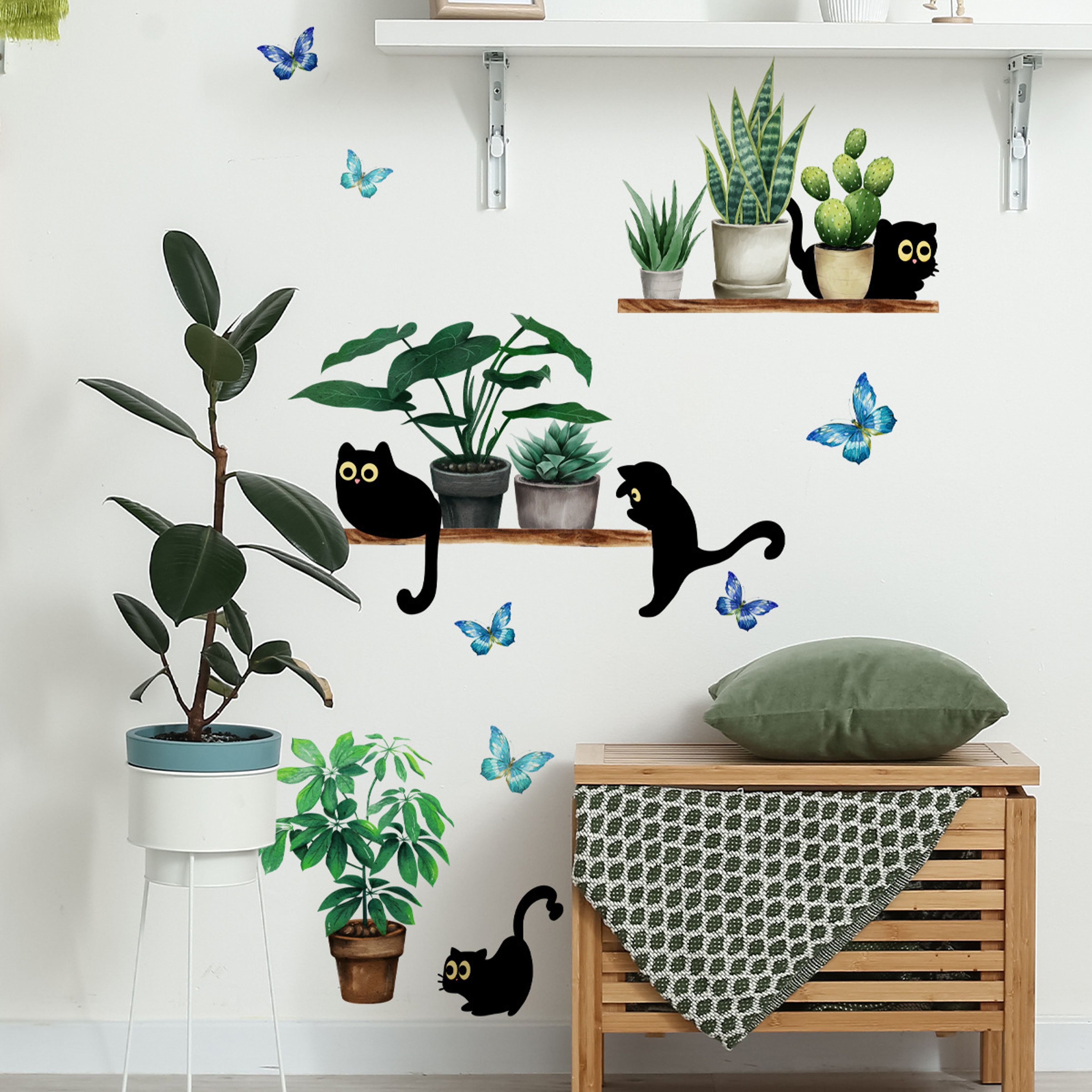 Cute Kitten Plant Wall Sticker Creative Home Decor Mural for Living Room Bedroom – view 5