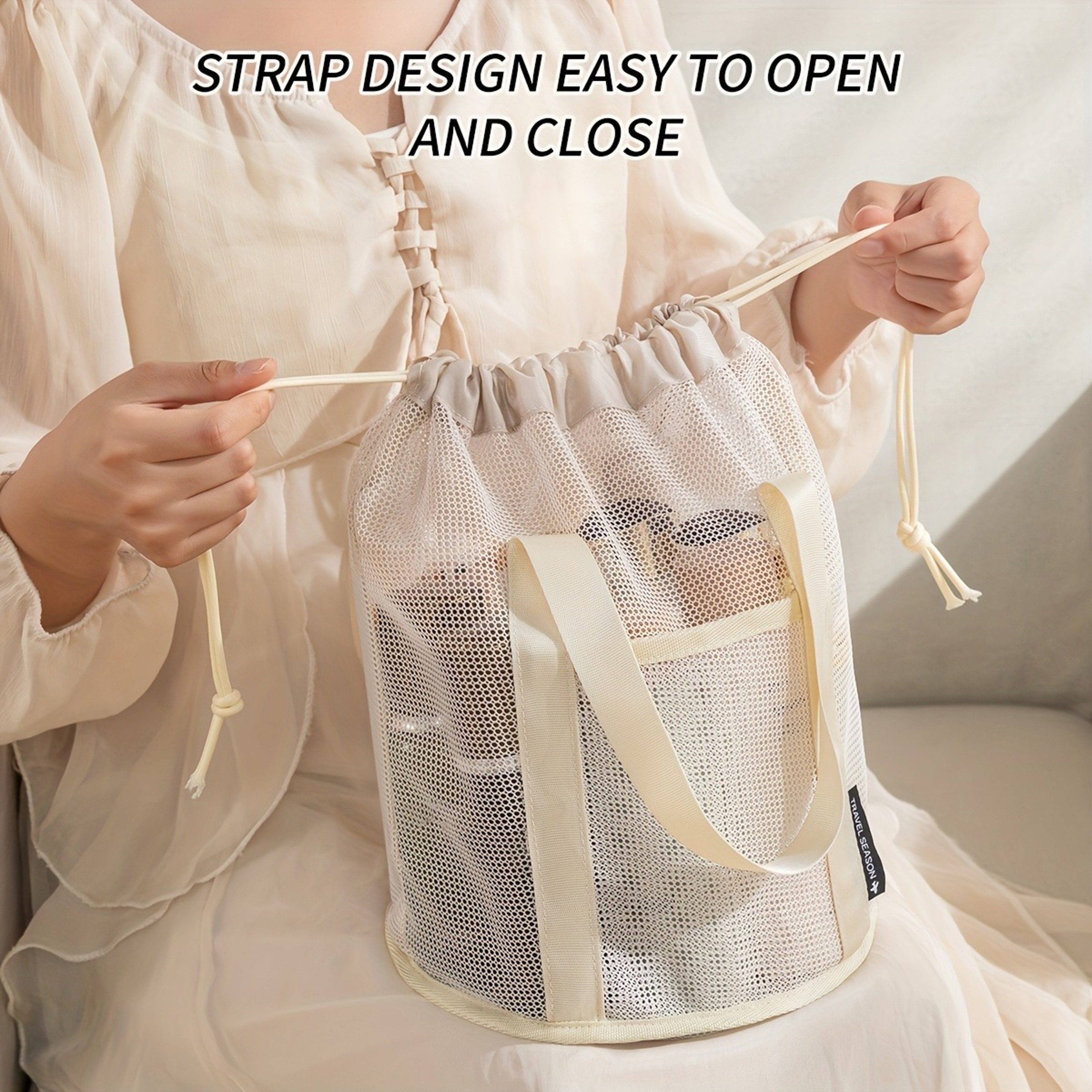 Large Capacity Mesh Beach Bag Shoulder Tote Drawstring Storage Pouch For Travel And Summer 0