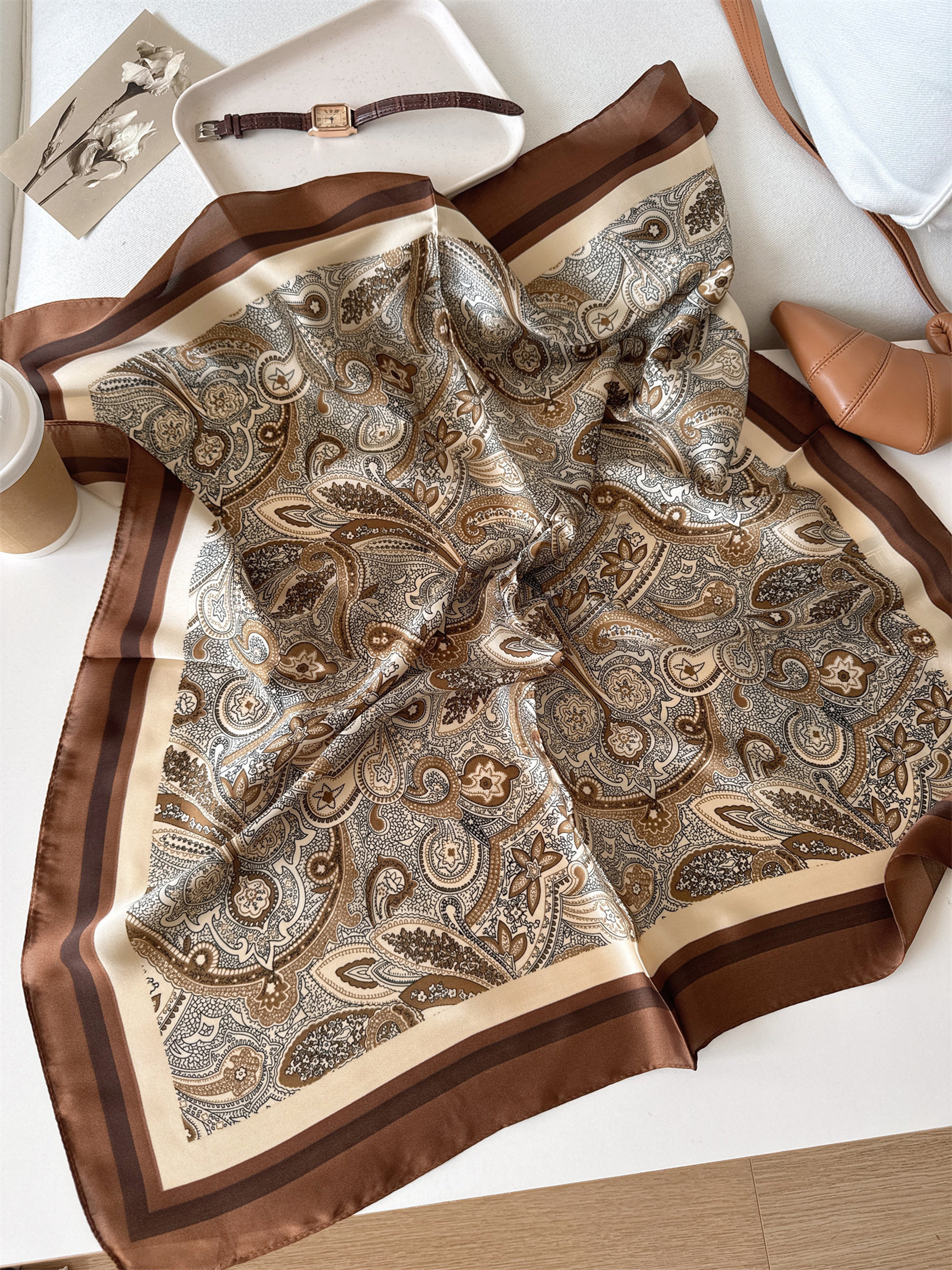 Luxury Paisley Silk Satin Head Scarf for Women Elegant Square Neck Wrap – view 7