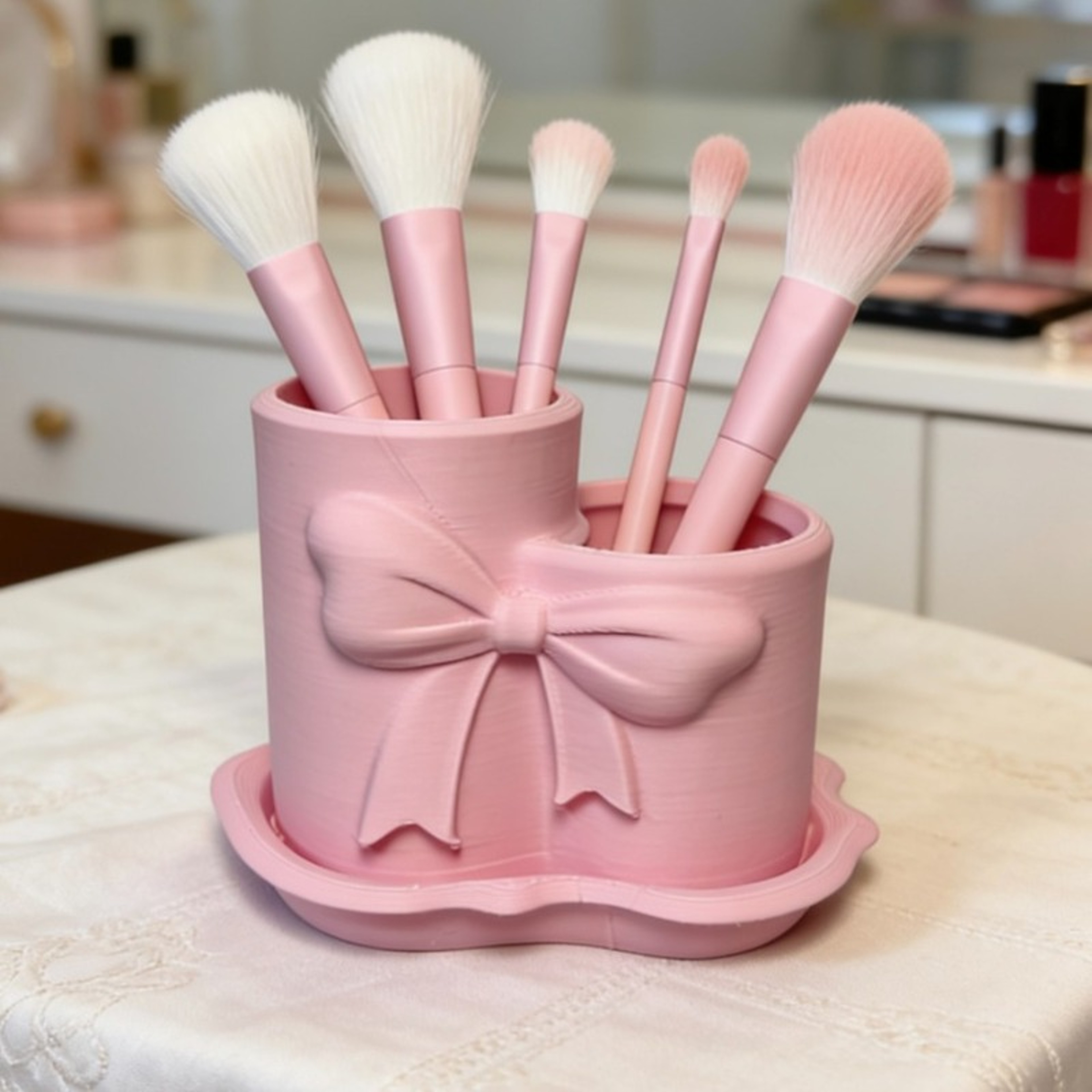 Printed Bow Makeup Brush Holder Pink White Cosmetic Organizer Vanity Decor 2