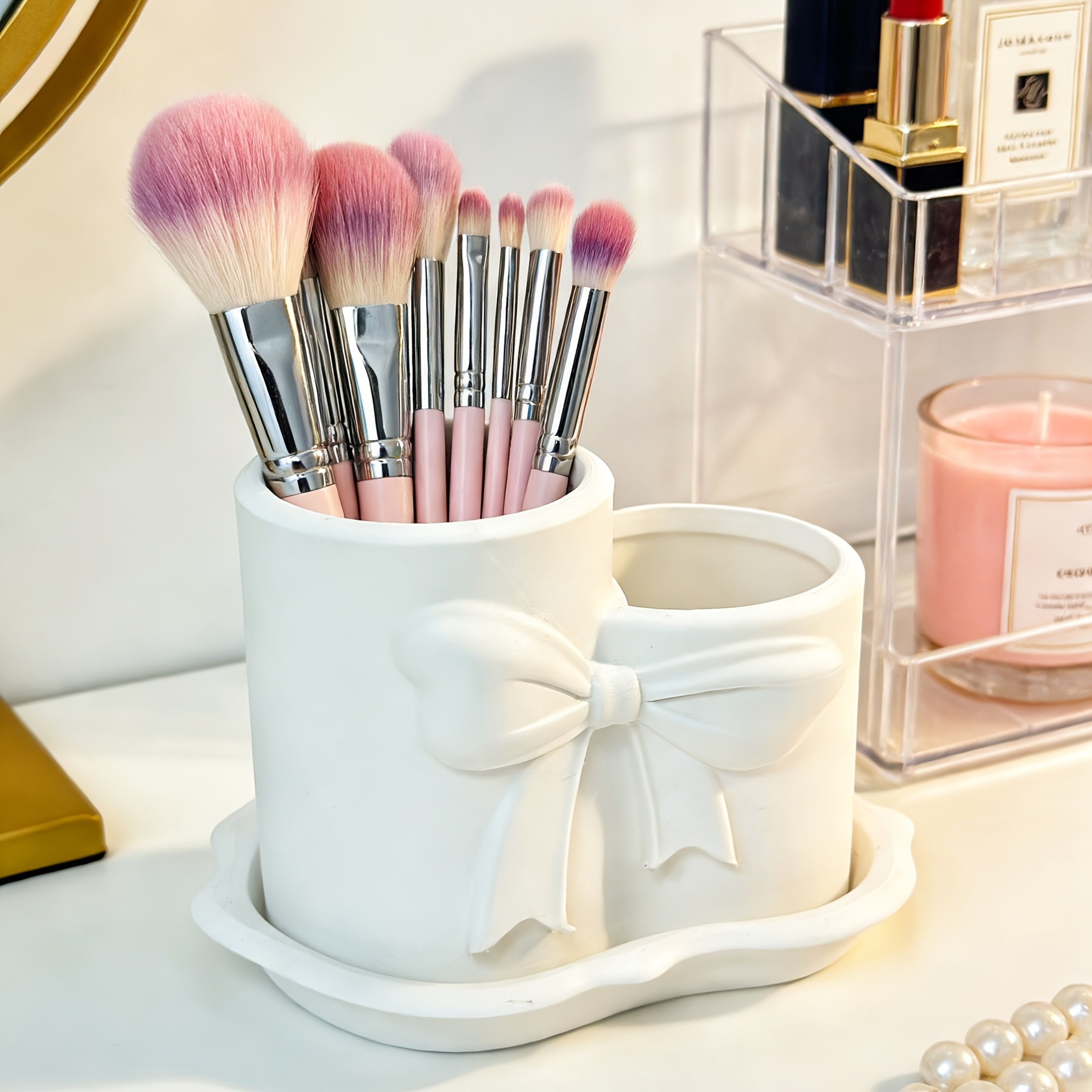 Printed Bow Makeup Brush Holder Pink White Cosmetic Organizer Vanity Decor 3
