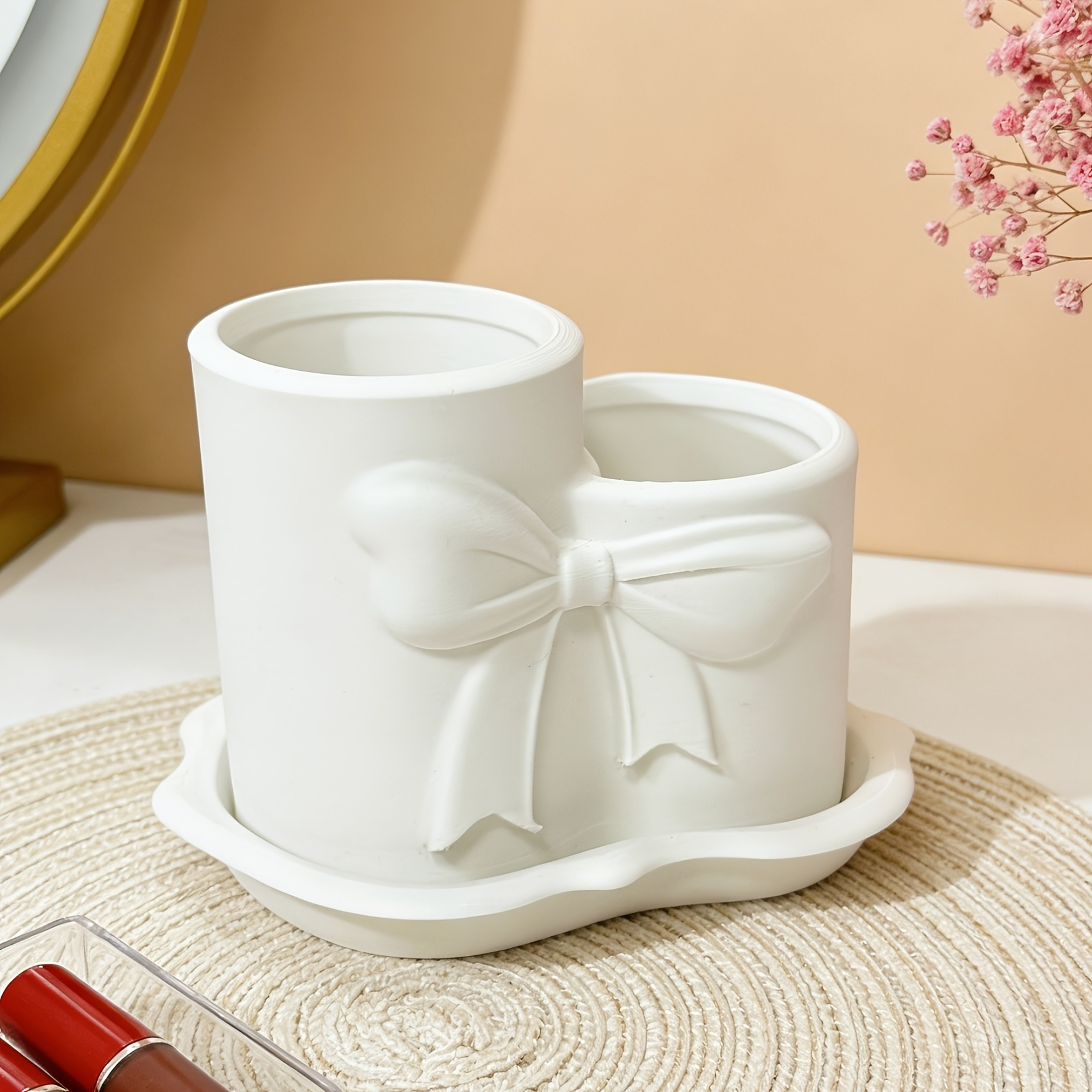 Printed Bow Makeup Brush Holder Pink White Cosmetic Organizer Vanity Decor 7