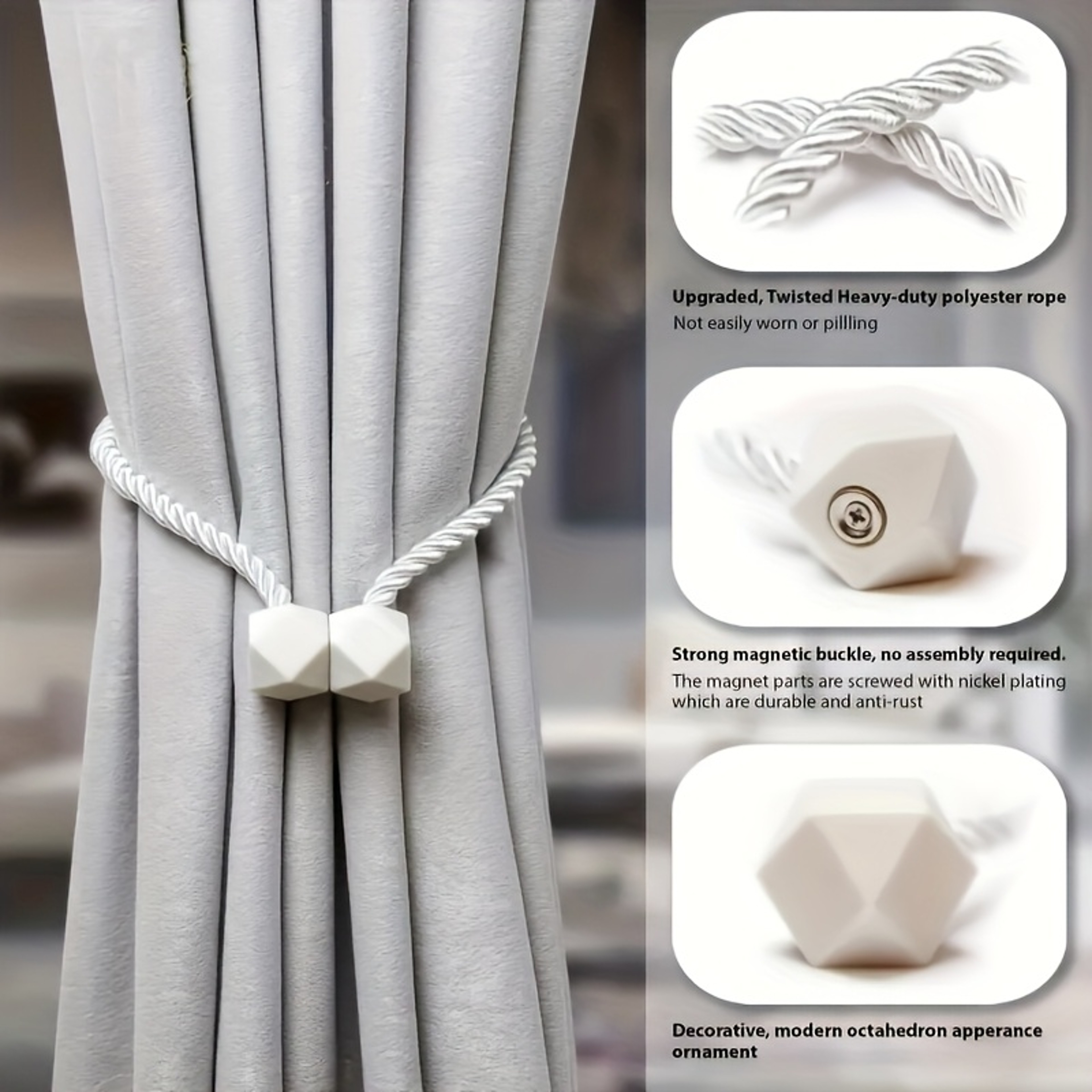 Magnetic Curtain Tiebacks No Drill Drapery Holdbacks With Stylish Twine Loop 1
