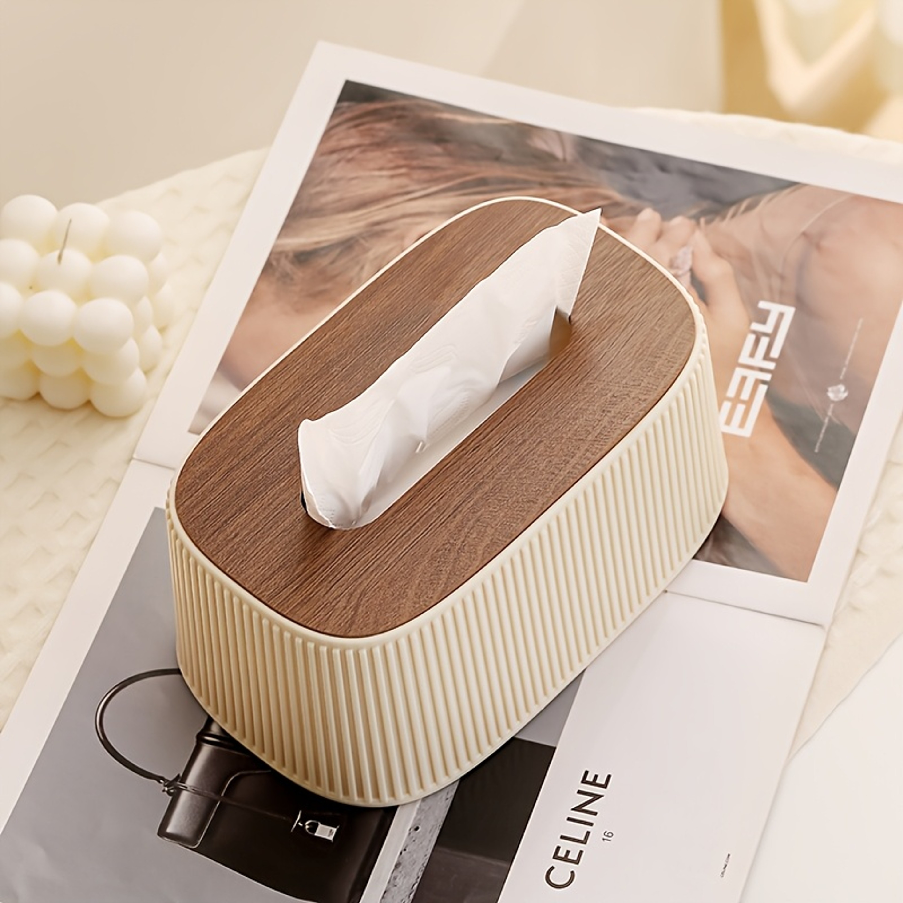 Auto Lift Spring Tissue Dispenser With Wooden Lid Stylish Cream Tissue Box Cover For Home Decor 5