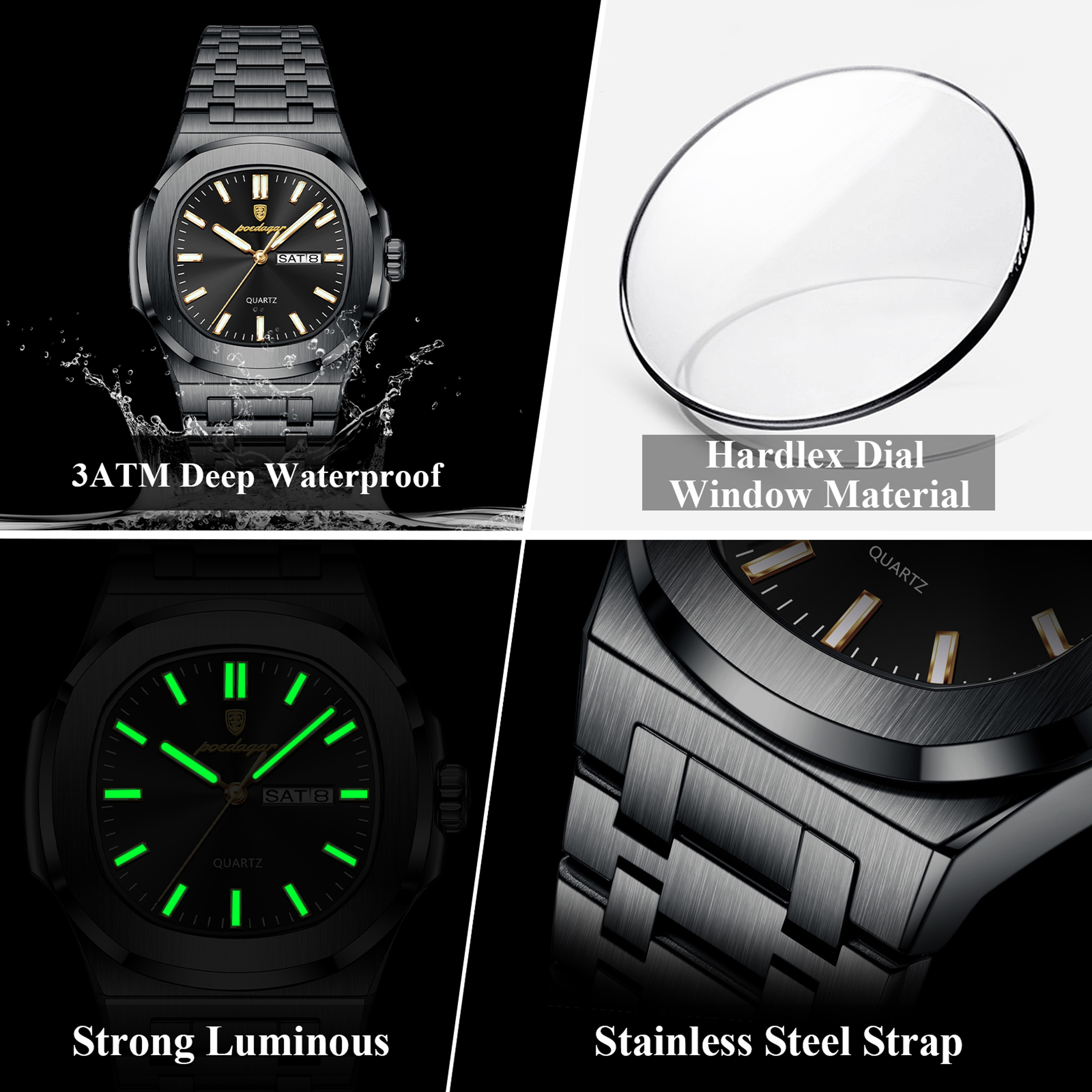 Luxury Mens Square Quartz Watch With Stainless Steel Band And Date Display 4