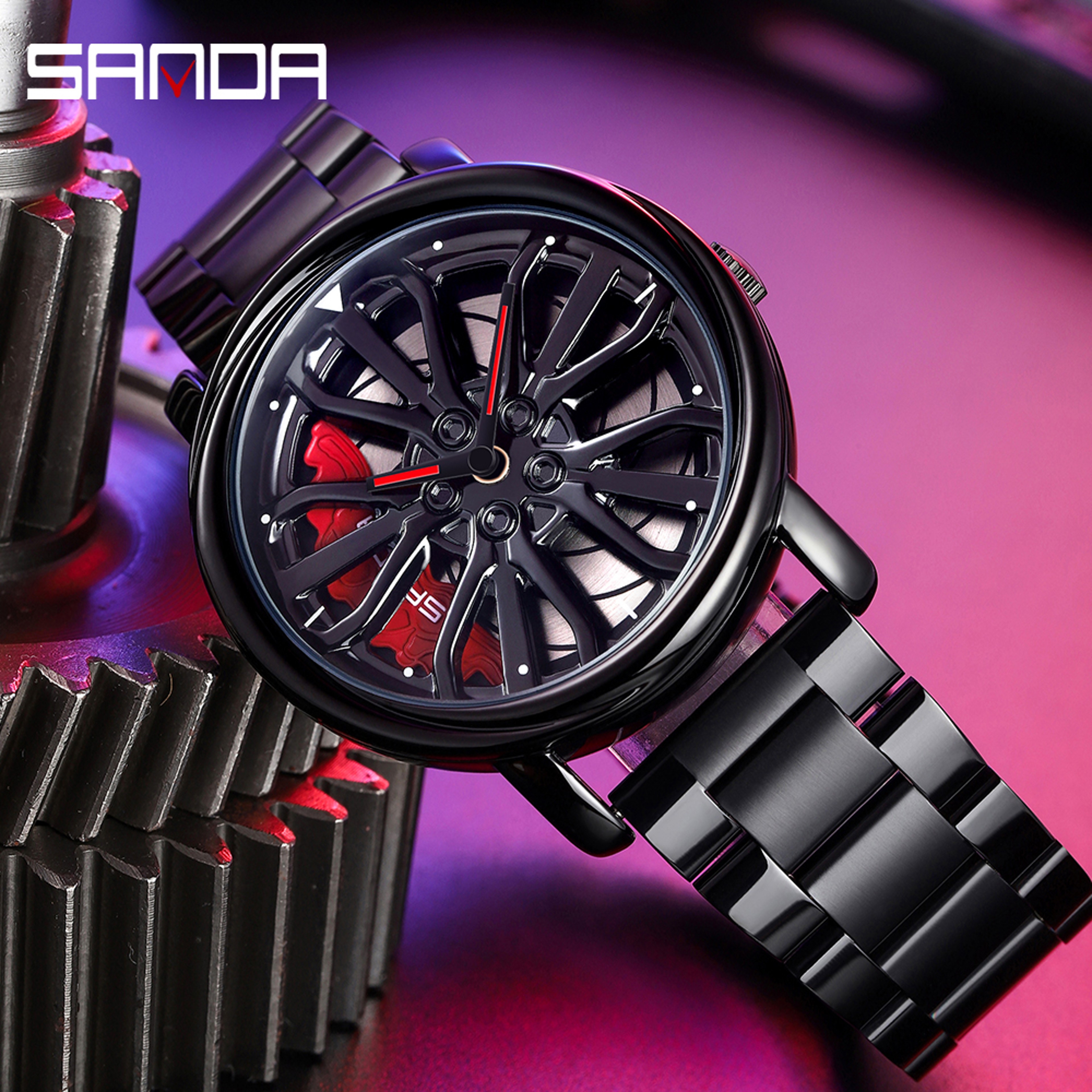 Car Rim Rotating Wheel Dial Stainless Steel Sport Quartz Wristwatch 1