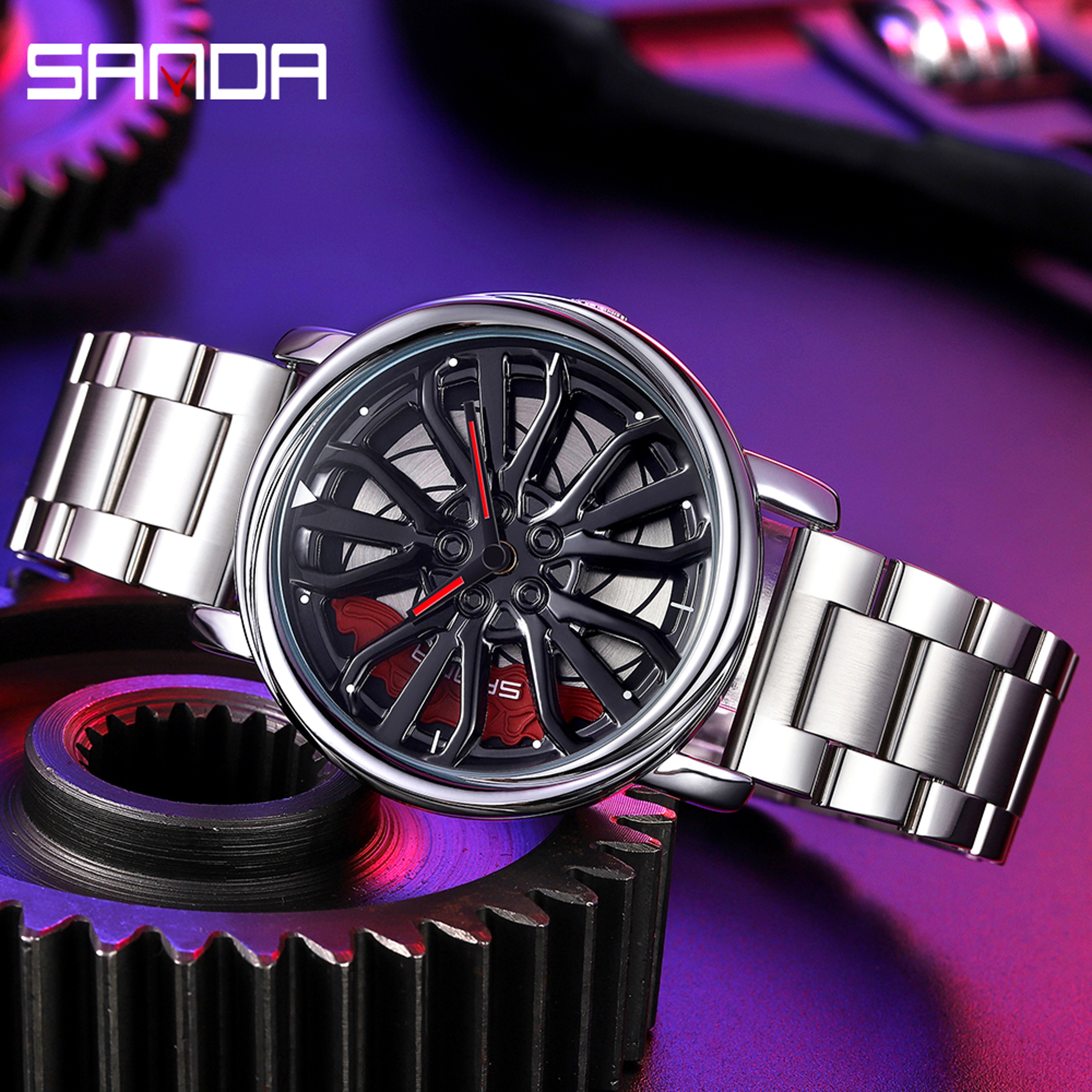 Car Rim Rotating Wheel Dial Stainless Steel Sport Quartz Wristwatch 2