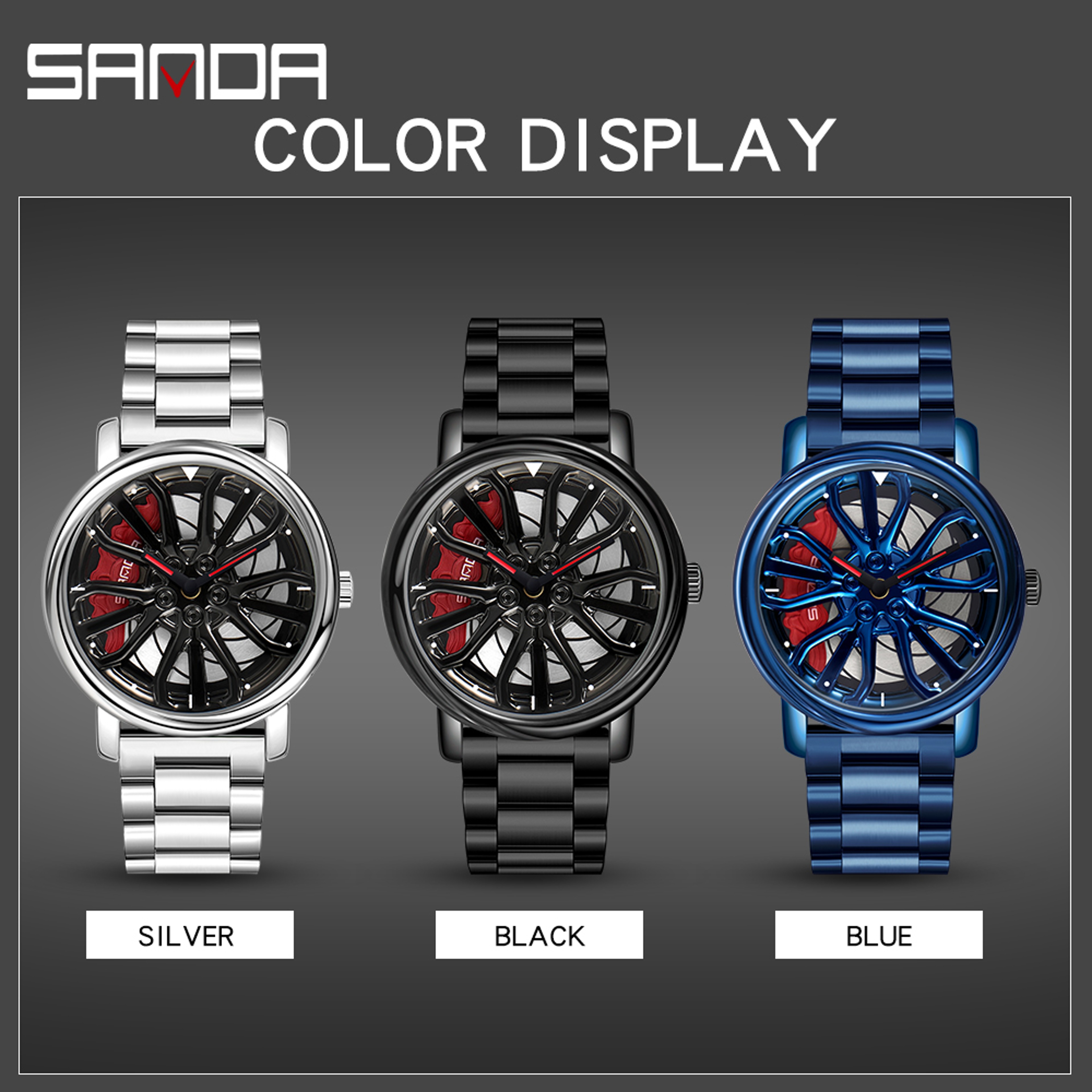 Car Rim Rotating Wheel Dial Stainless Steel Sport Quartz Wristwatch 4