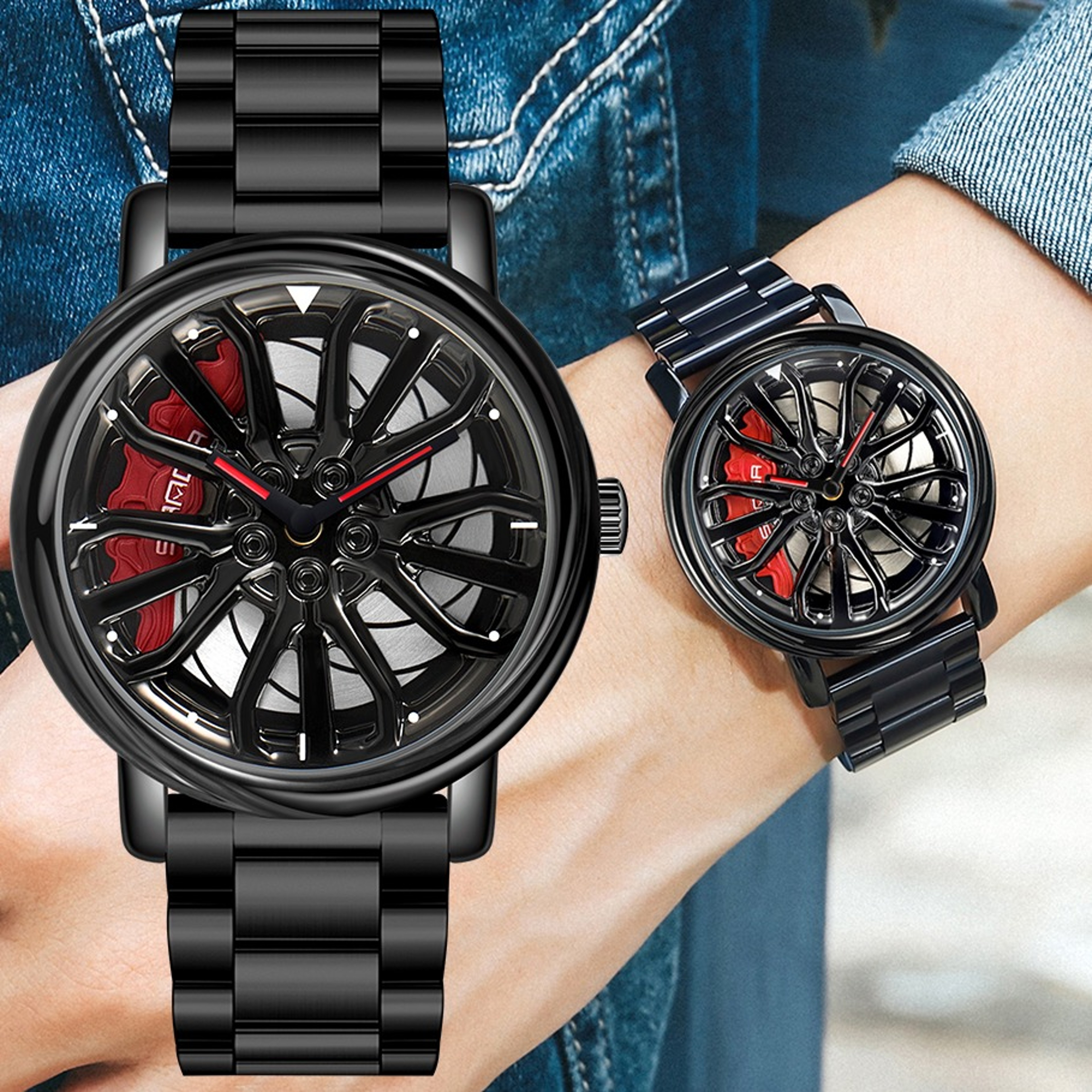 Car Rim Rotating Wheel Dial Stainless Steel Sport Quartz Wristwatchjpg