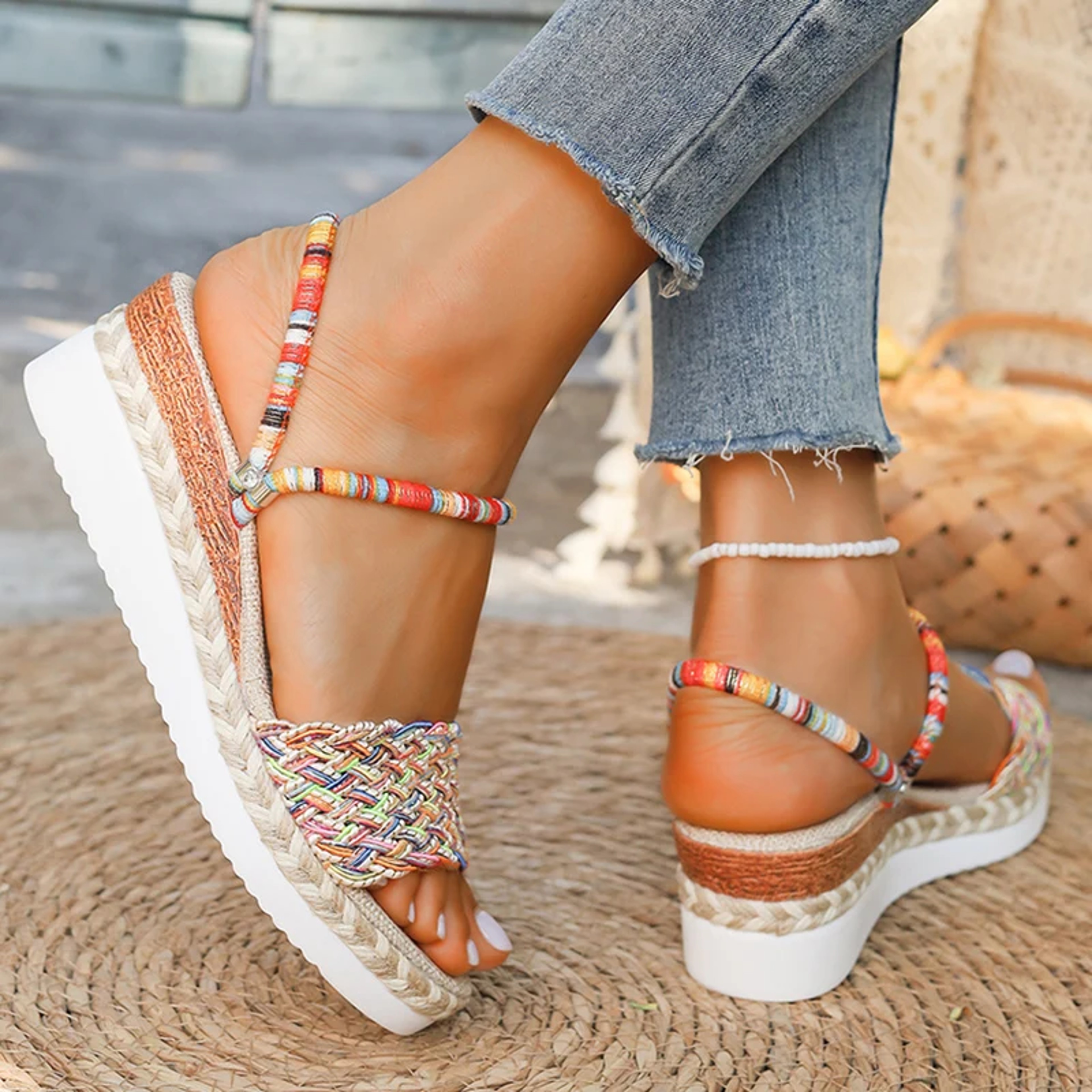 Bohemian Wedge Sandals Colorful Woven Platform Beach Slides for Women – view 5