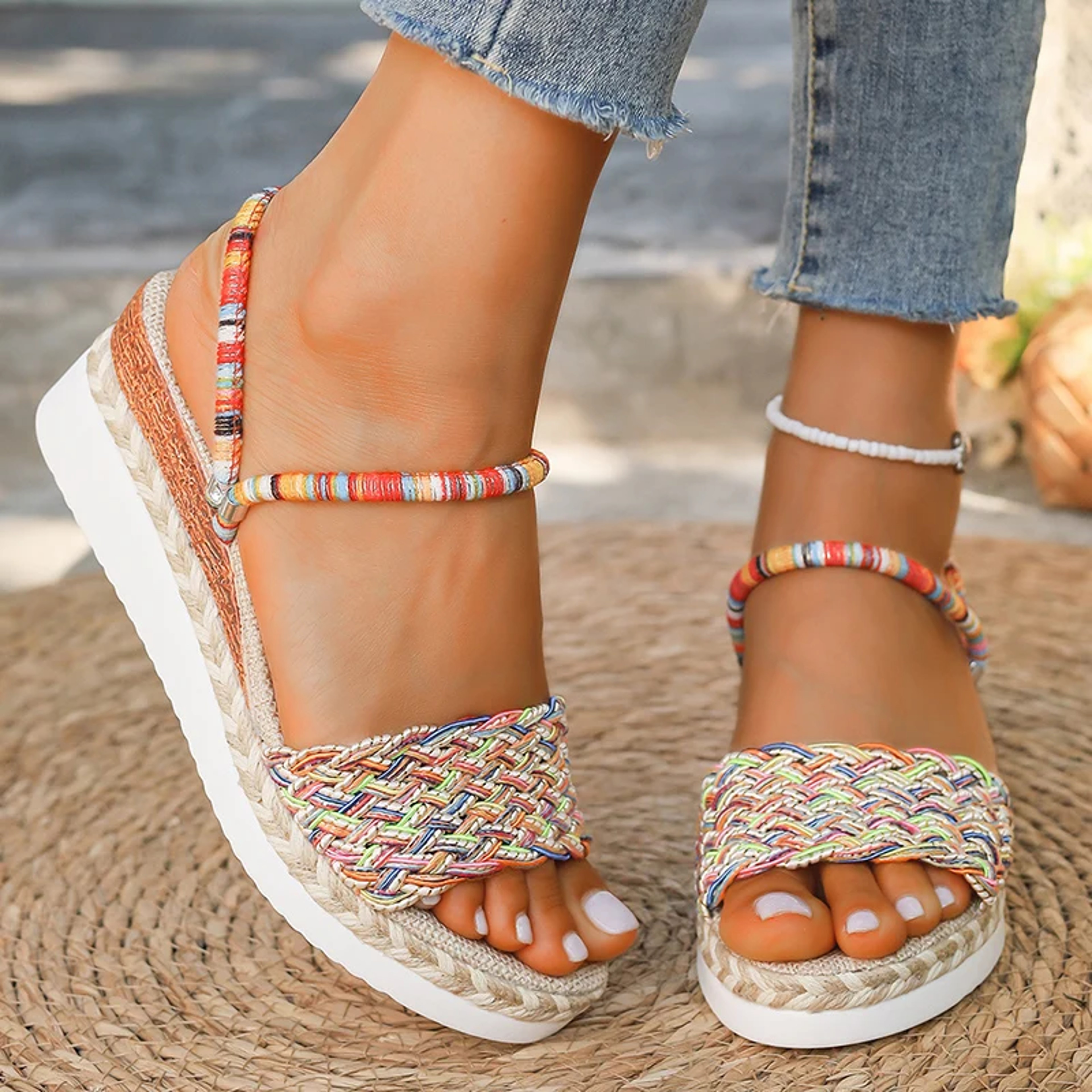 Bohemian Wedge Sandals Colorful Woven Platform Beach Slides for Women – view 3