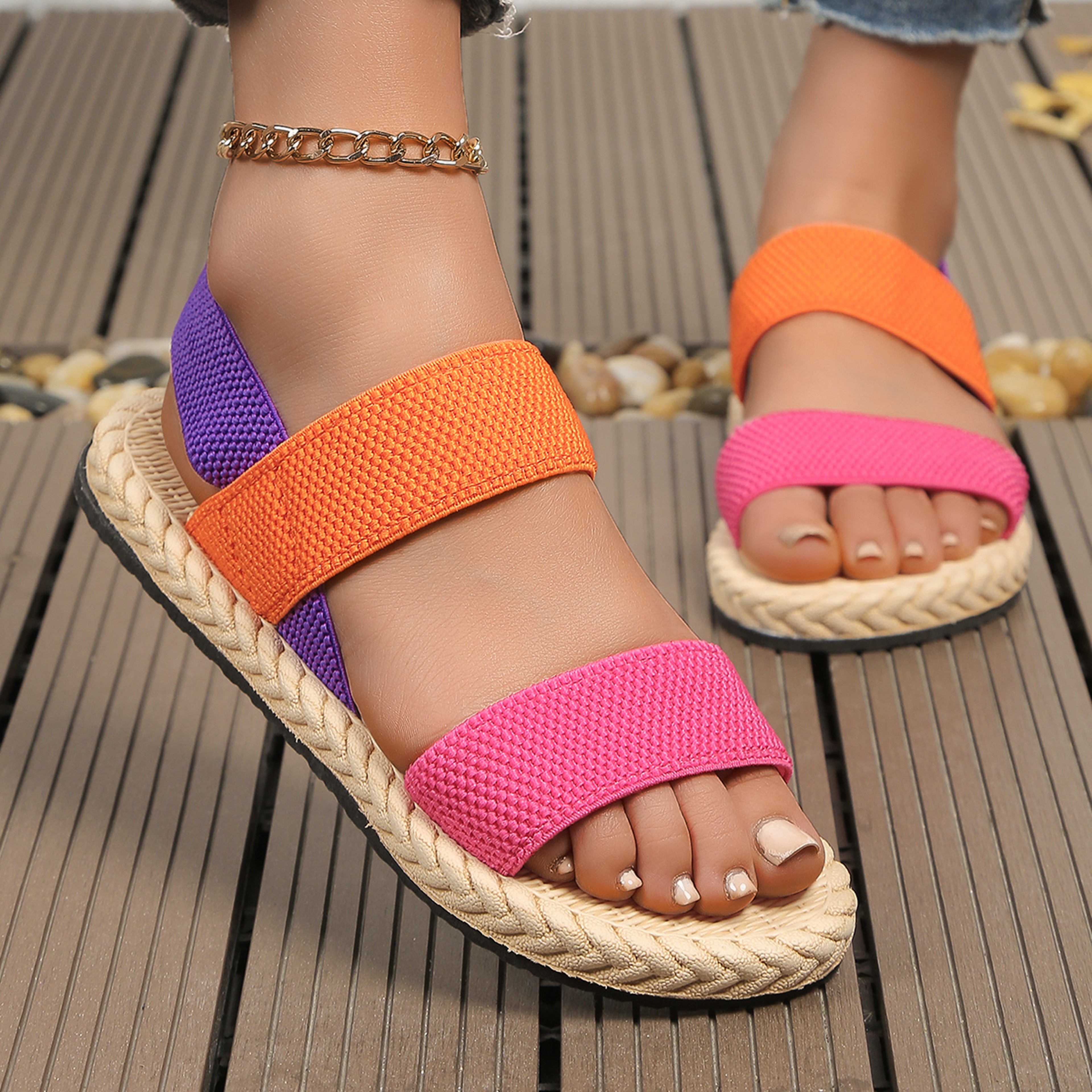 Womens Elastic Flat Sandals Comfortable Lightweight Casual Summer Shoes – view 1