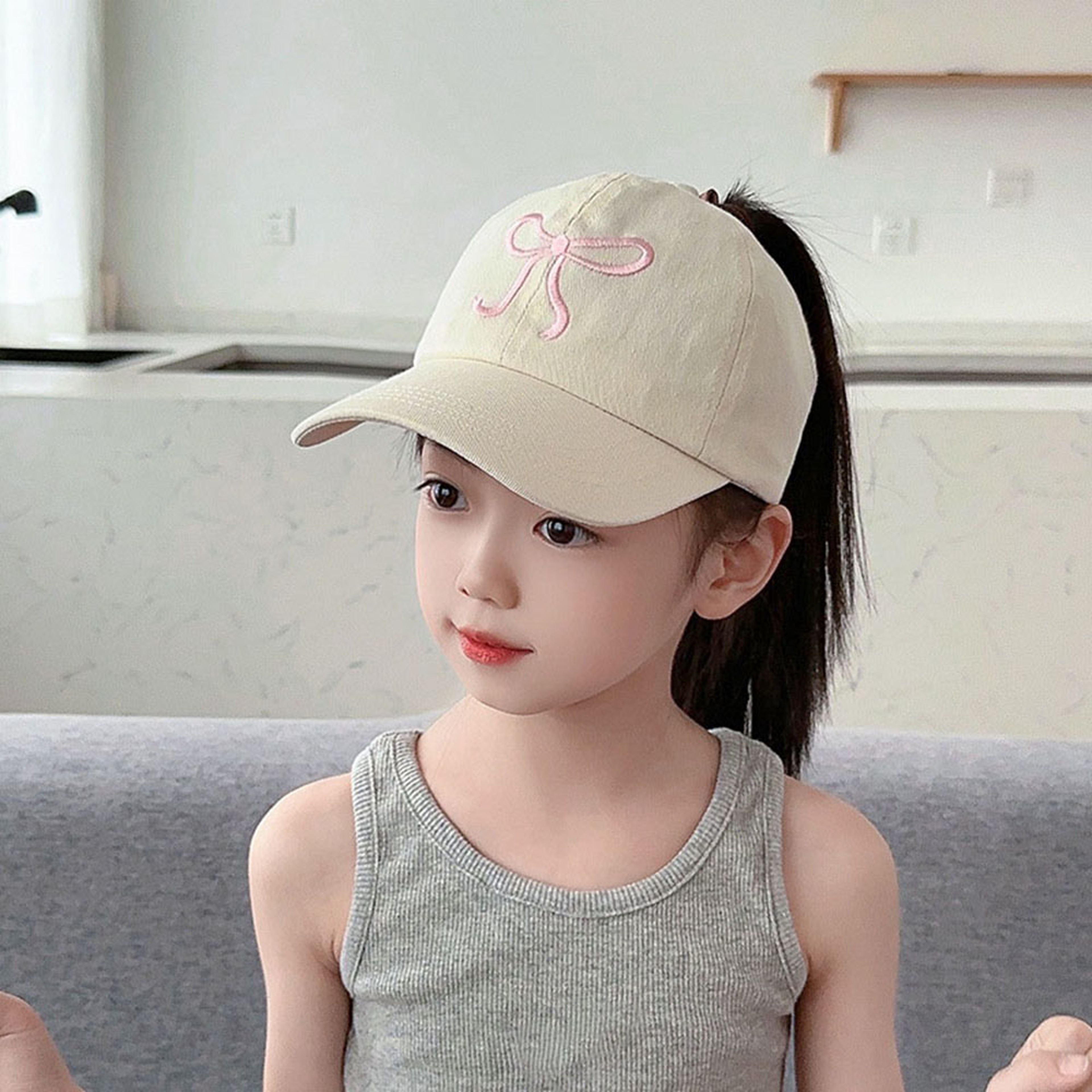 Kids Ponytail Baseball Cap Bow Embroidered Sun Hat for Outdoor Play – view 5