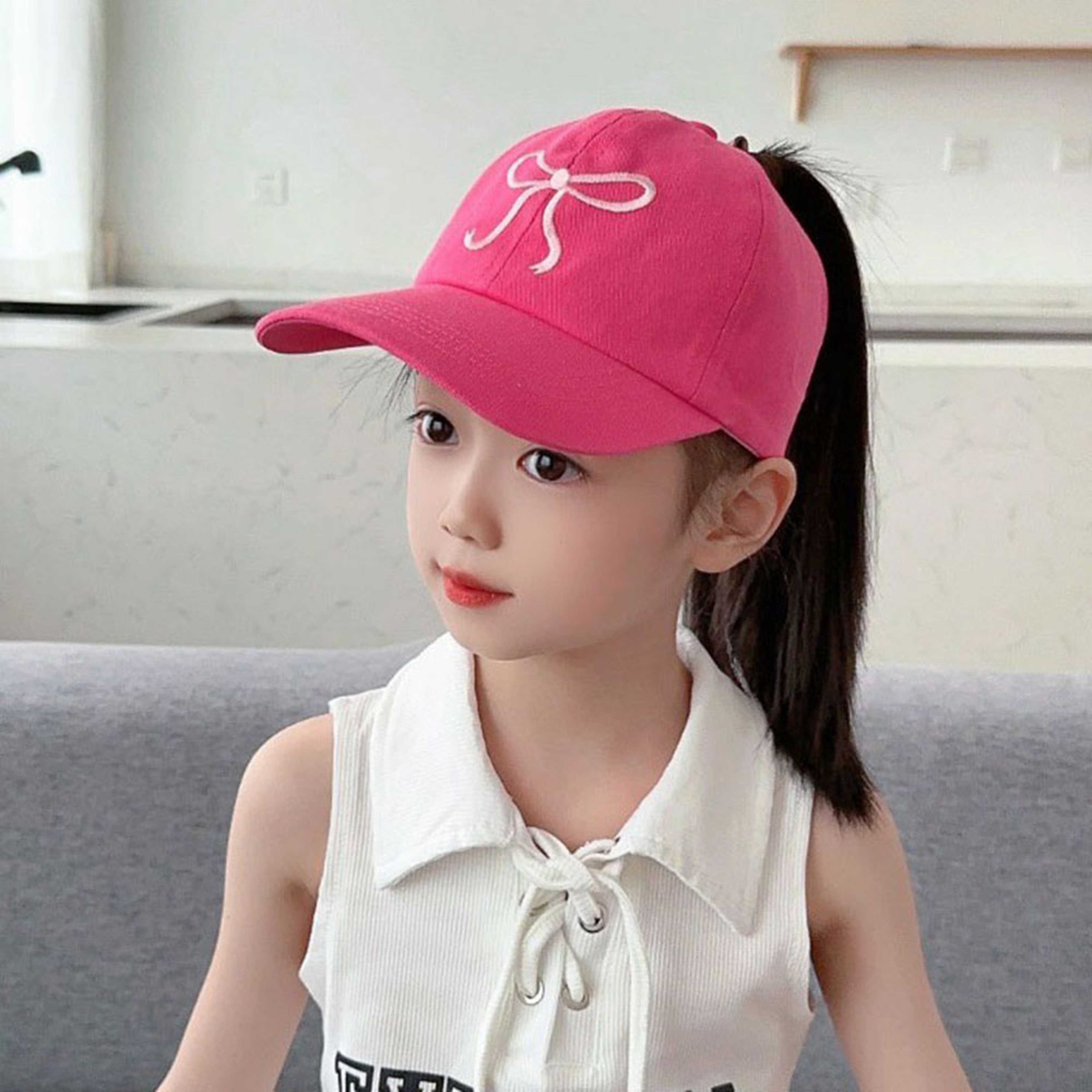 Kids Ponytail Baseball Cap Bow Embroidered Sun Hat for Outdoor Play – view 8