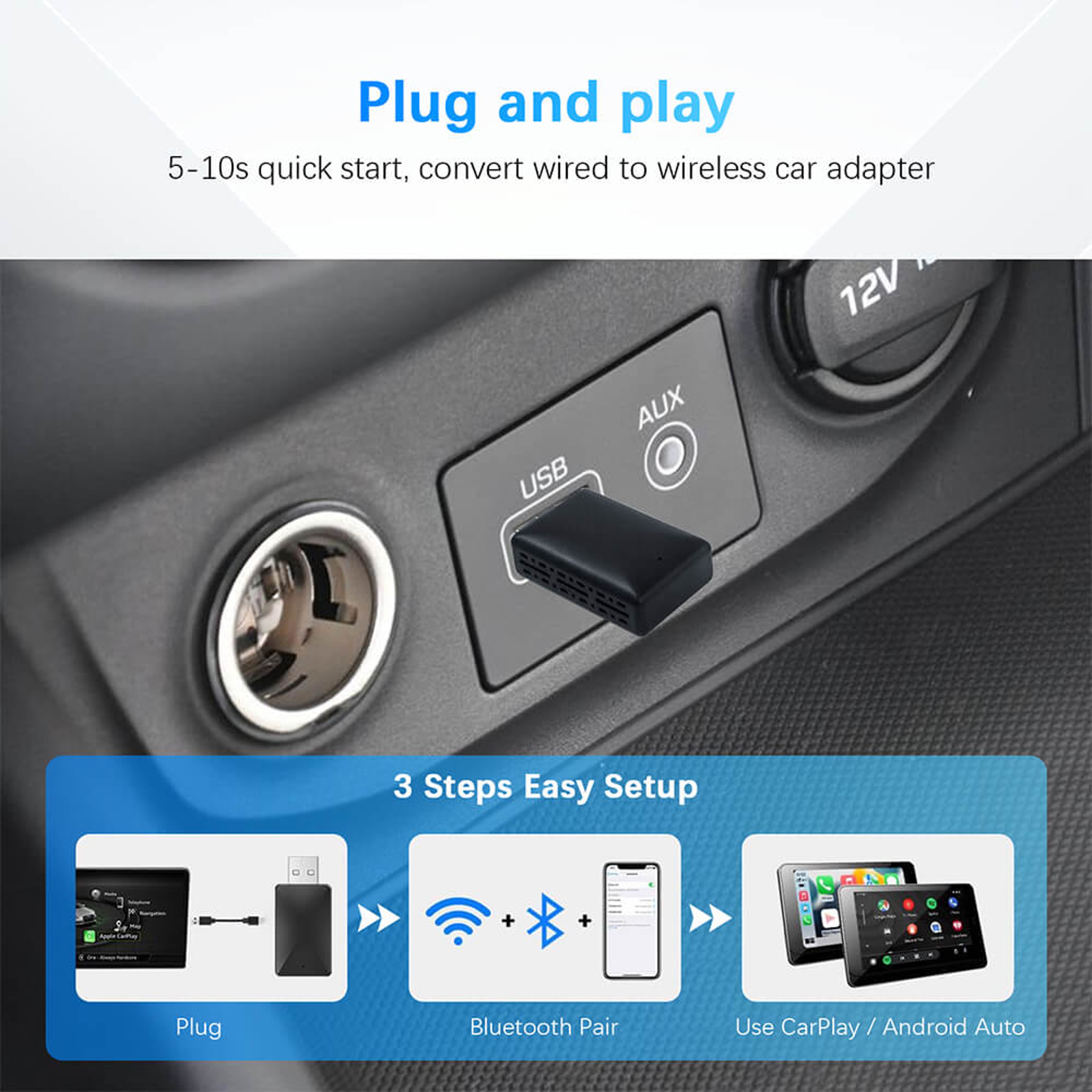 Wireless CarPlay Android Auto Adapter With Plug And Play Auto Connection 3
