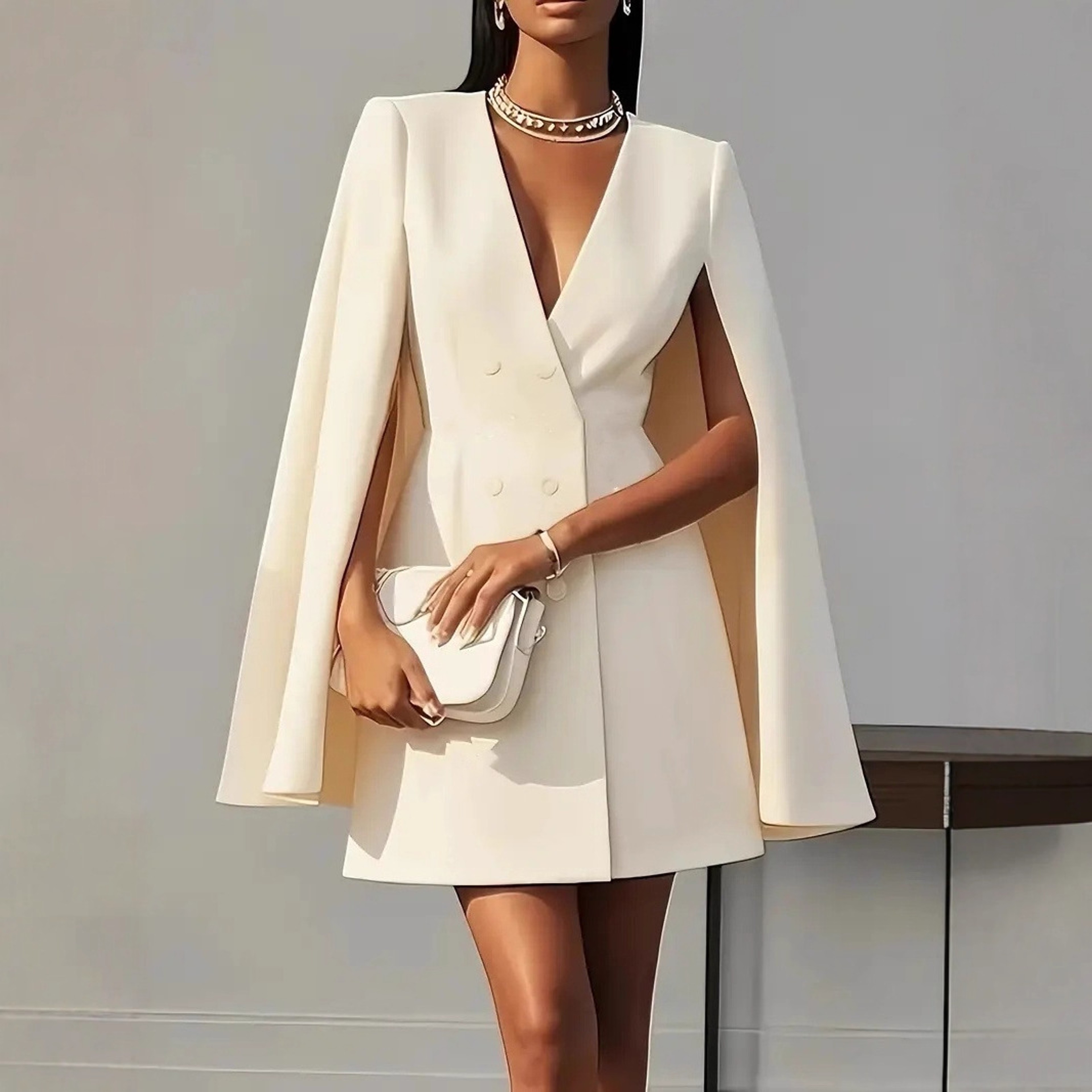 Elegant Cape Sleeve Blazer Dress Double Breasted V Neck Office Party Dress – view 1