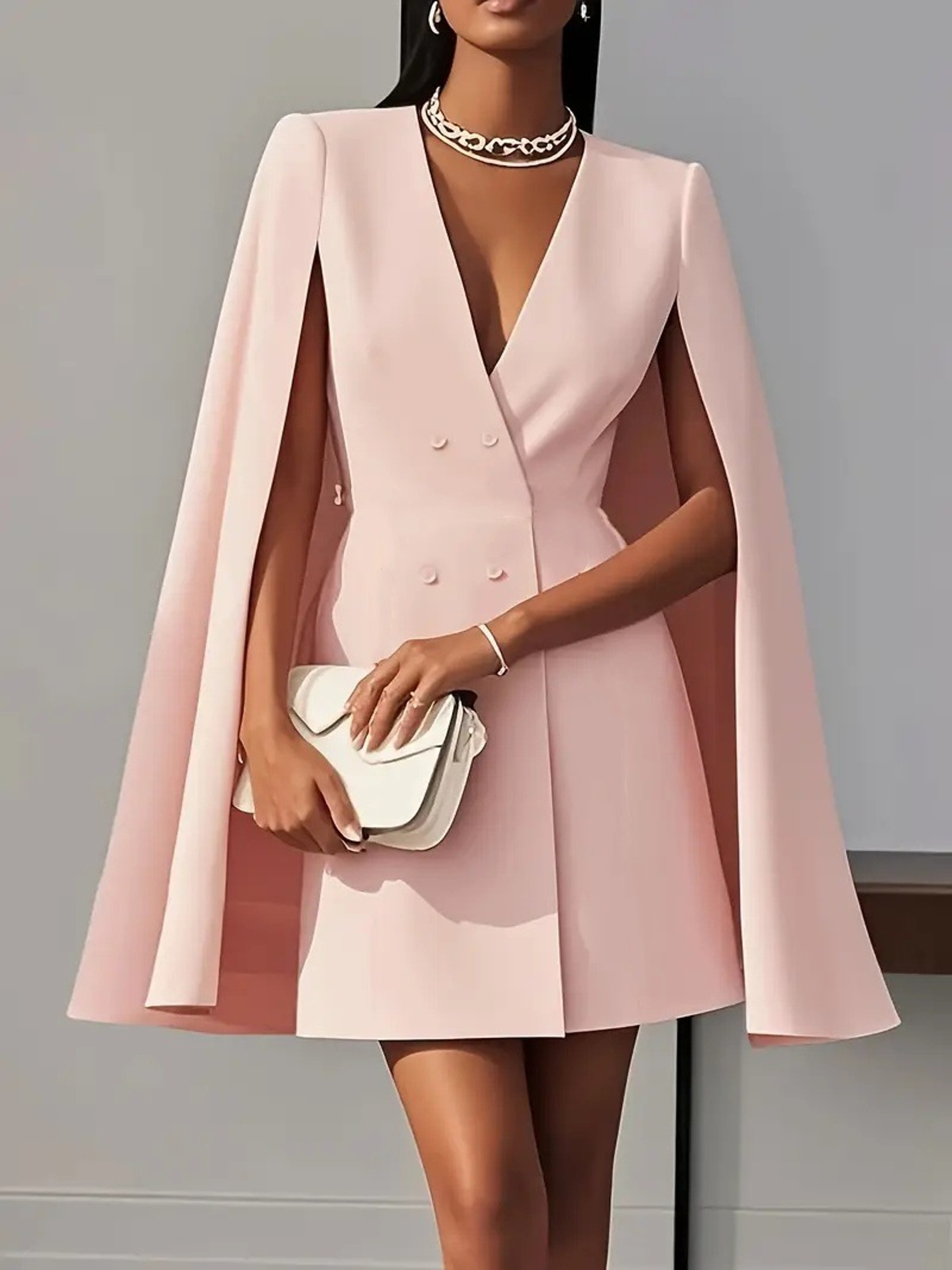 Elegant Cape Sleeve Blazer Dress Double Breasted V Neck Office Party Dress – view 7