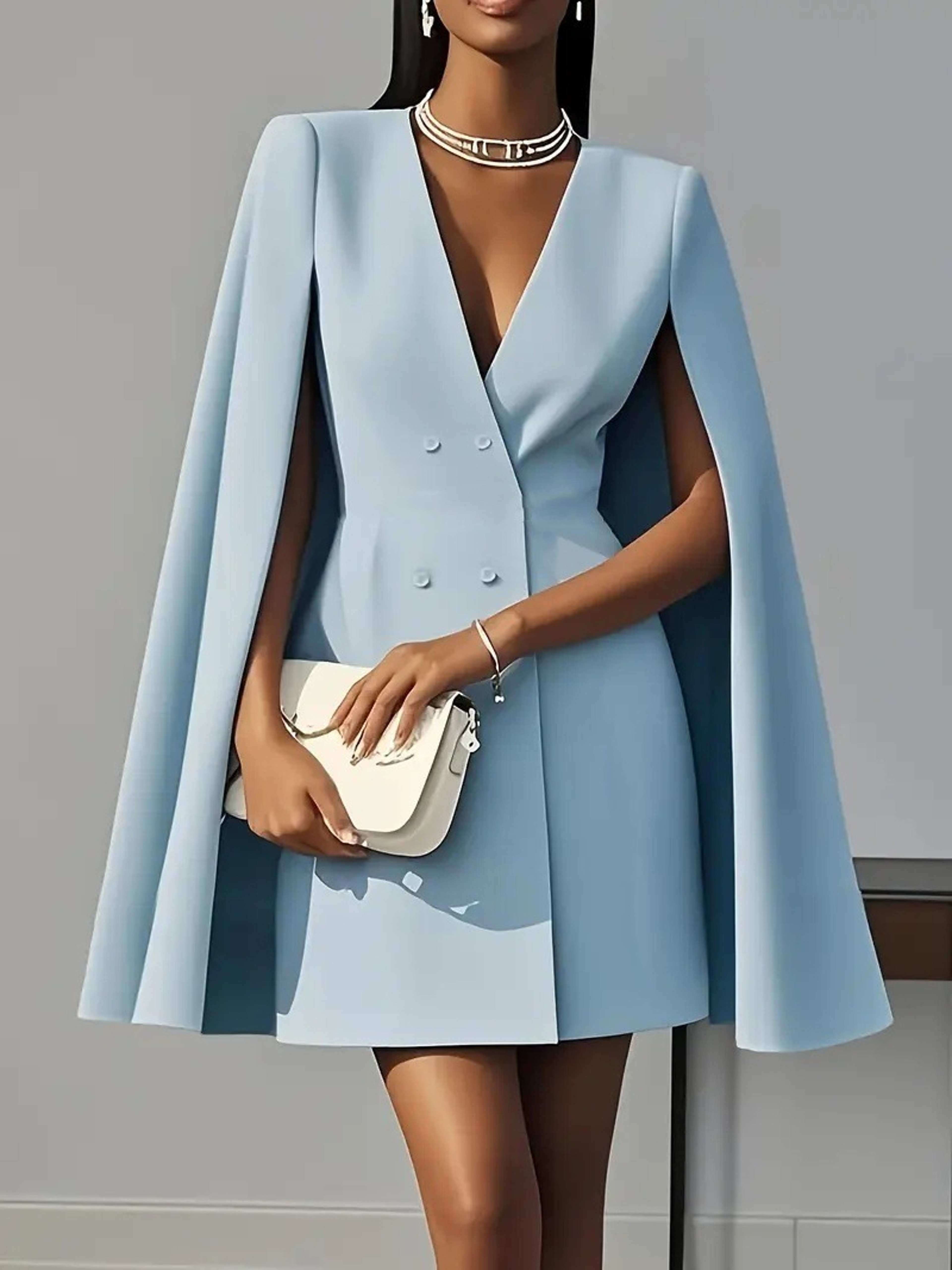 Elegant Cape Sleeve Blazer Dress Double Breasted V Neck Office Party Dress – view 9