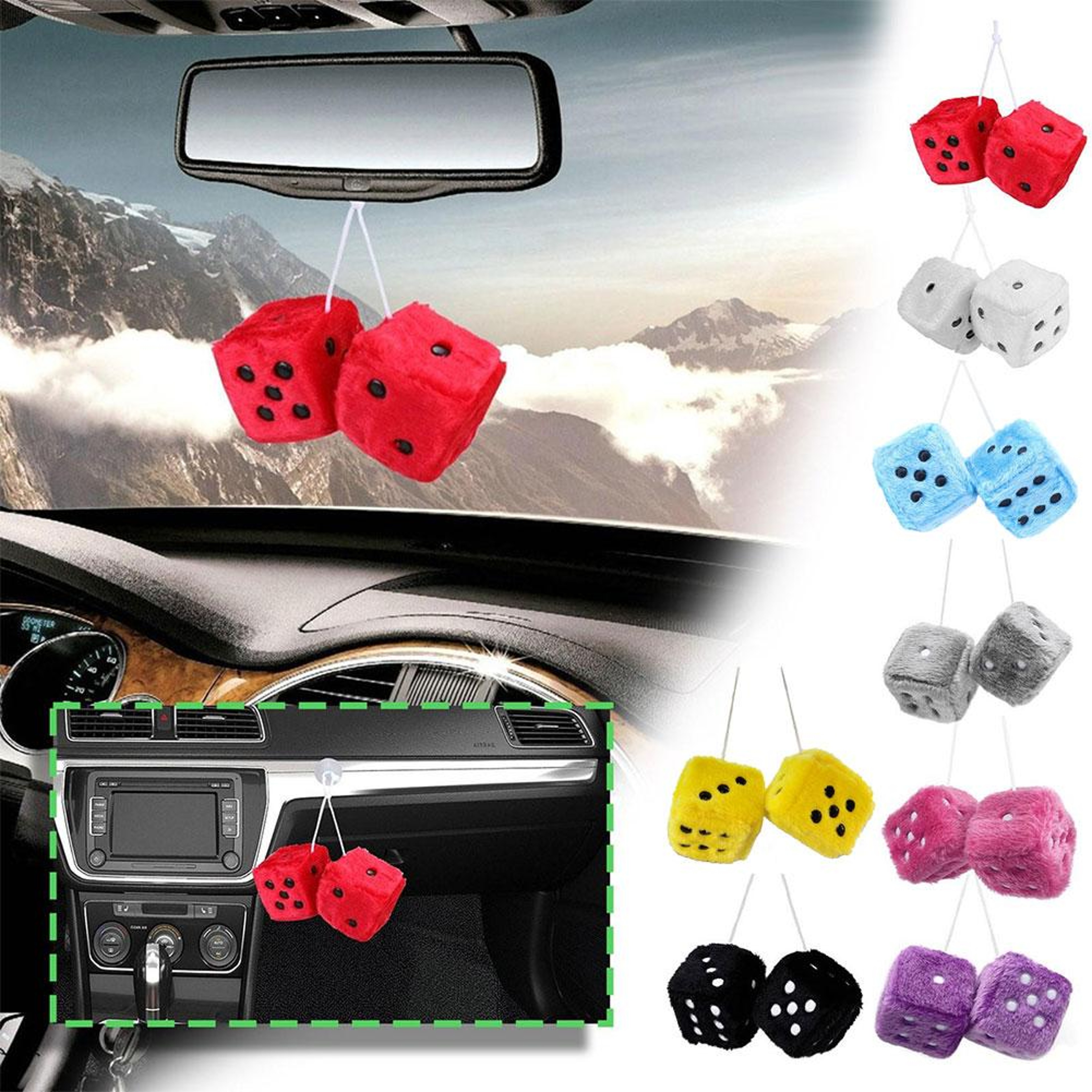 Long Hair Fuzzy Dice Car Ornament Plush Rearview Mirror Decor 3