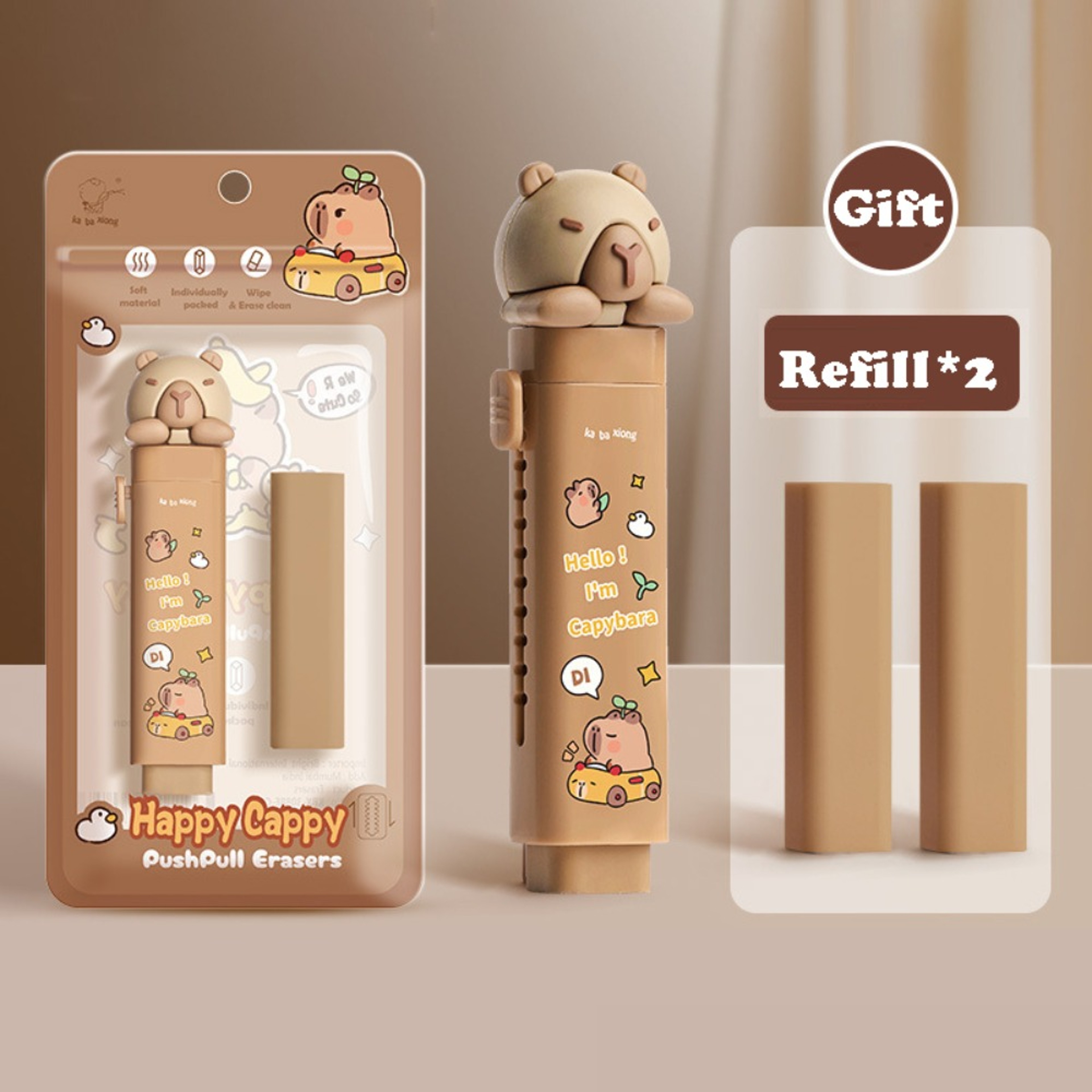 Cute Capybara Push Pull Retractable Eraser With Replaceable Core 6