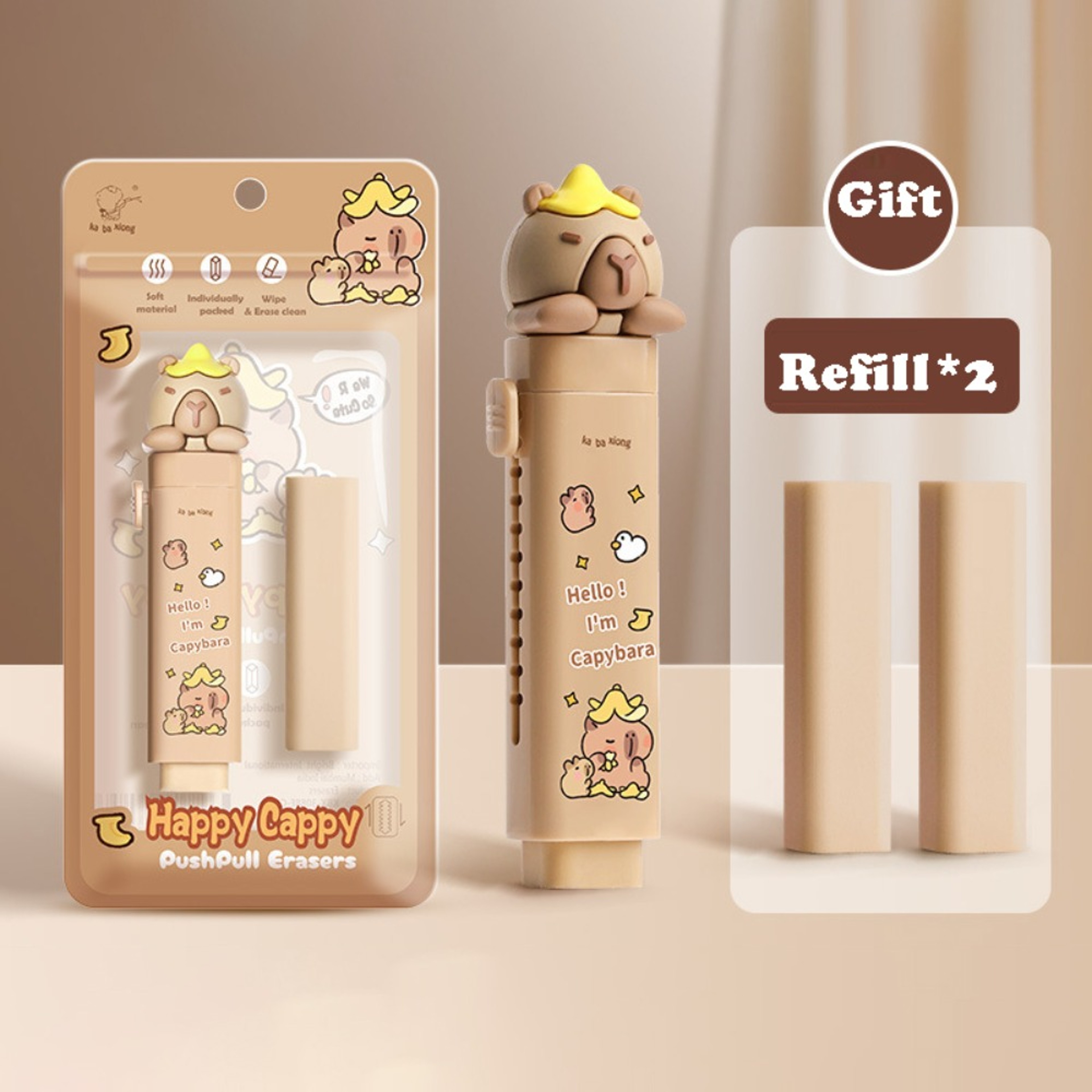 Cute Capybara Push Pull Retractable Eraser With Replaceable Core 7