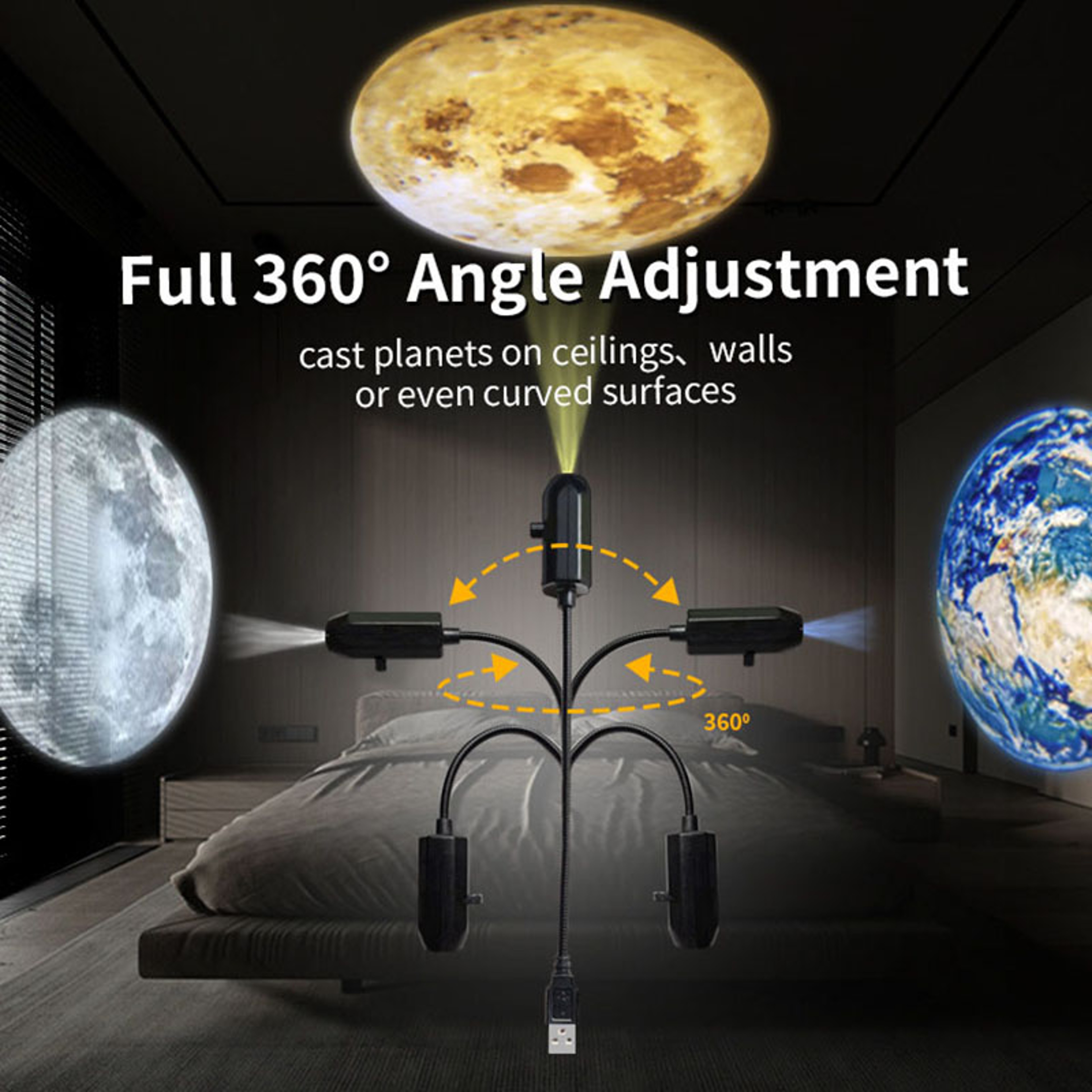 USB Galaxy Projector Lamp With Moon Earth And Star Patterns For Bedroom Night Lighting 4
