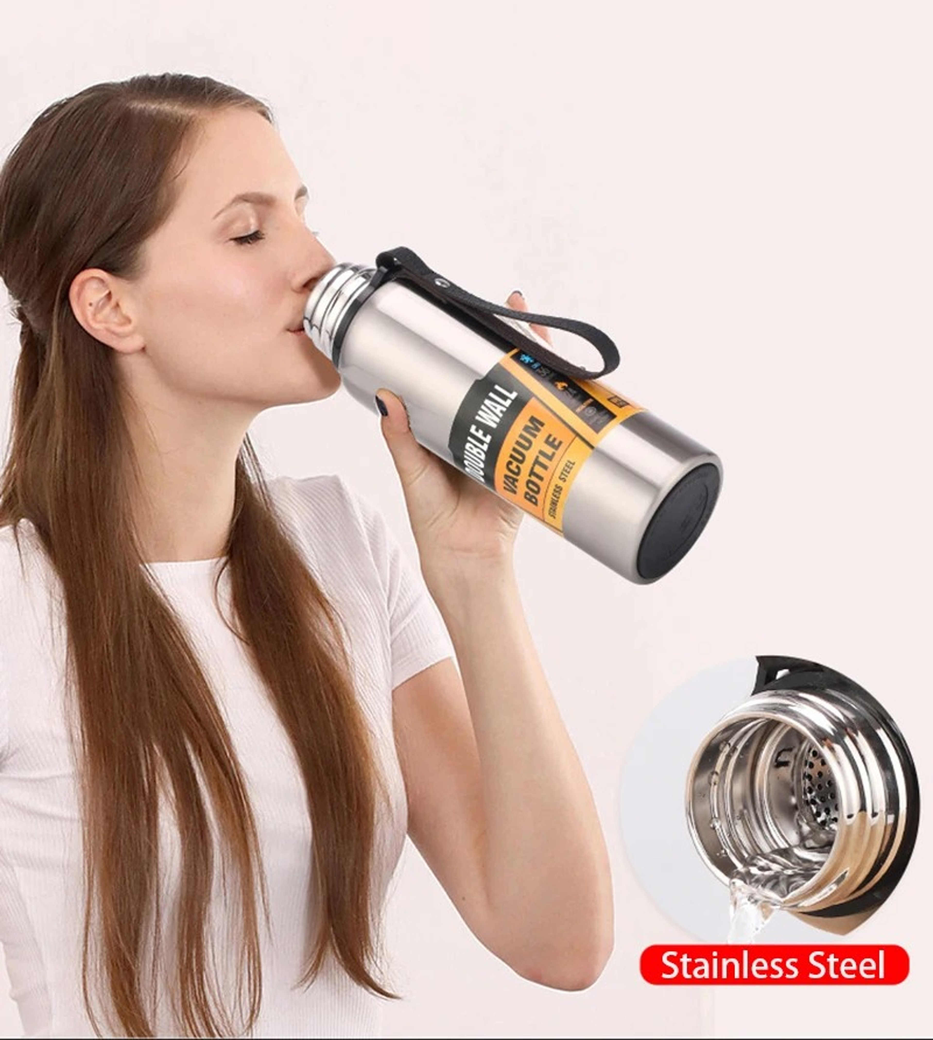 Stainless Steel Thermos Insulated Water Bottle with Portable Rope Handle – view 2