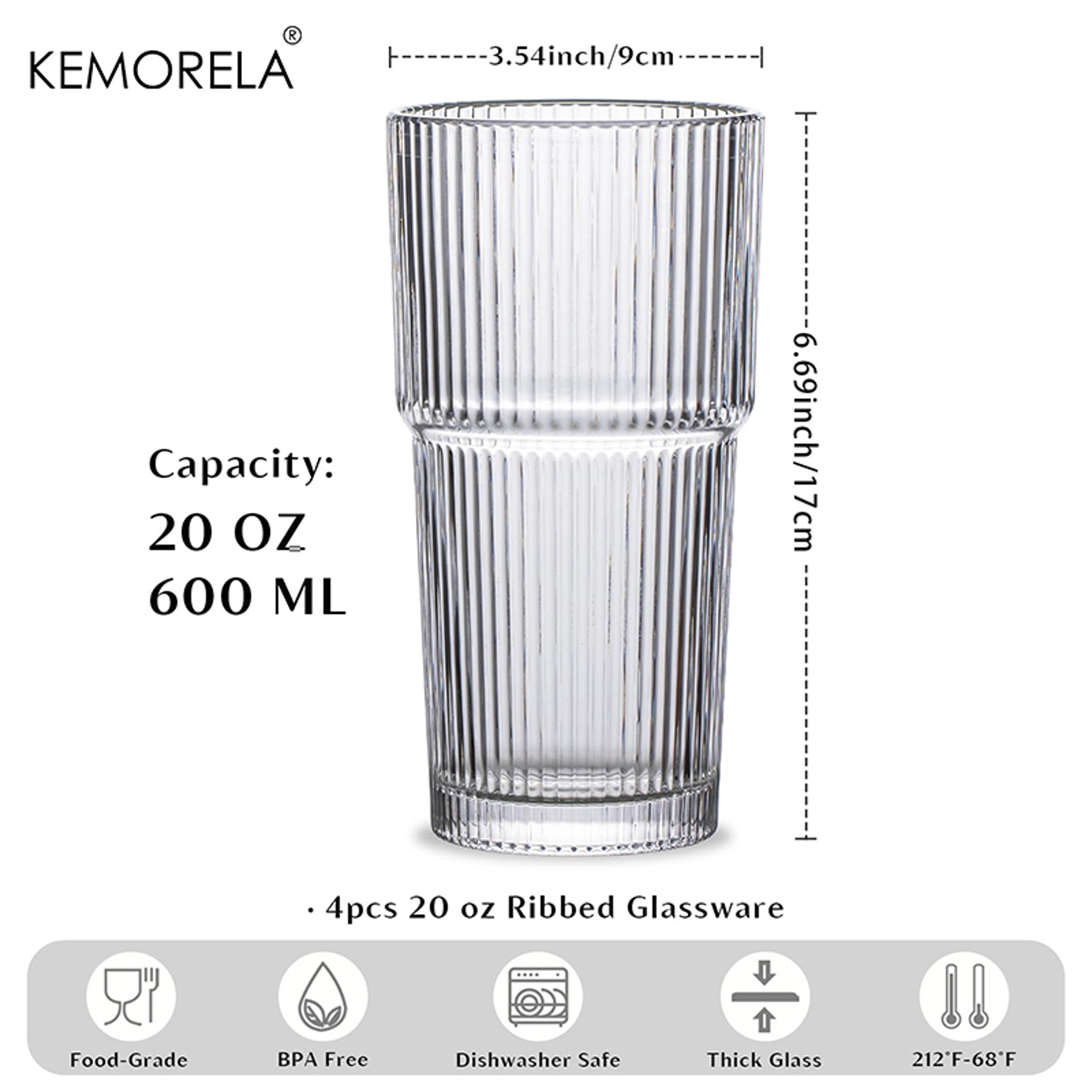 Ribbed Glass Tumbler Set Large Capacity Drinking Glasses for Iced Coffee and Cocktails – view 7
