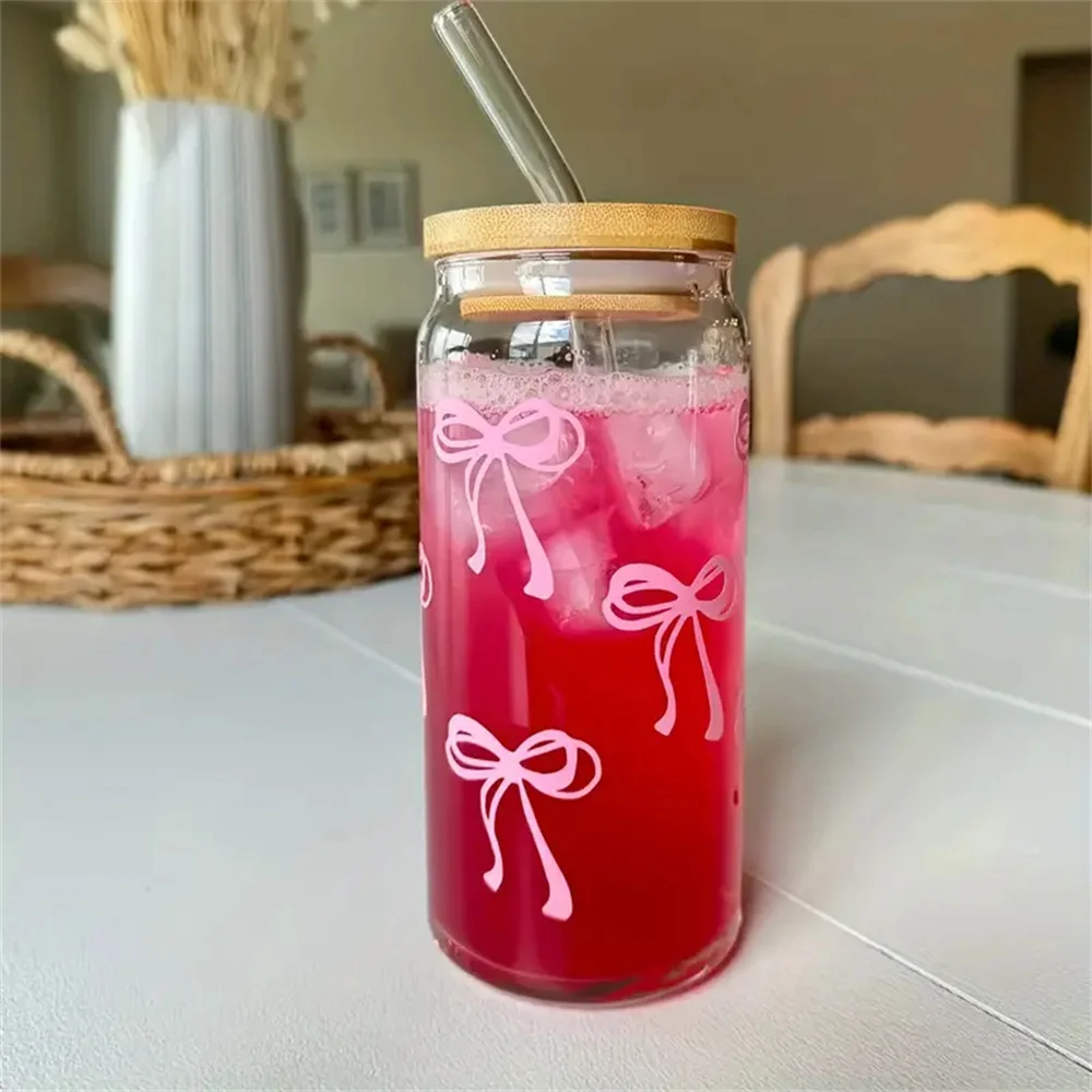 Cherry Bow Glass Tumbler With Straw Mason Jar Iced Coffee Cup 3