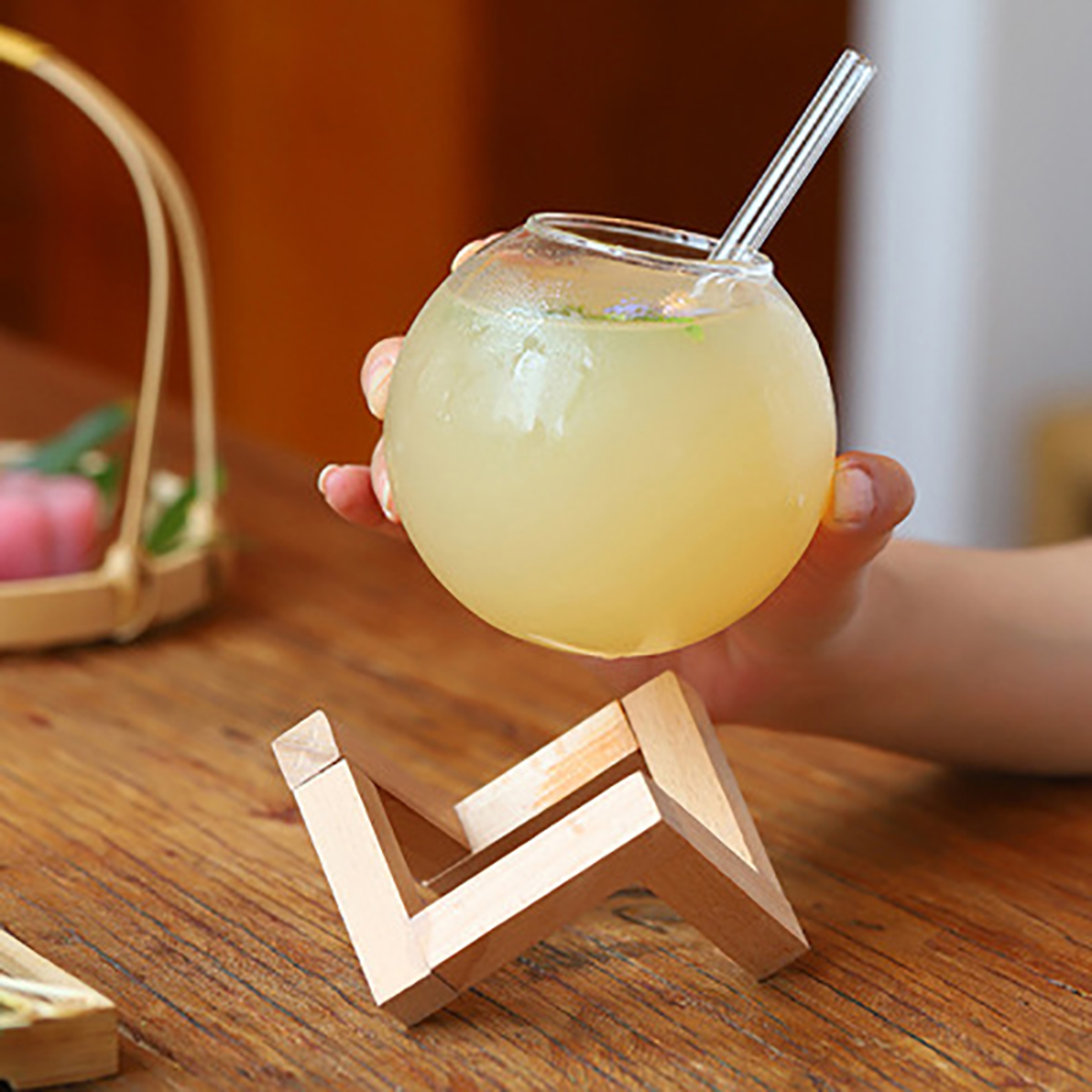 Round Ball Cocktail Glass With Wood Stand Creative Bar Glassware – view 4