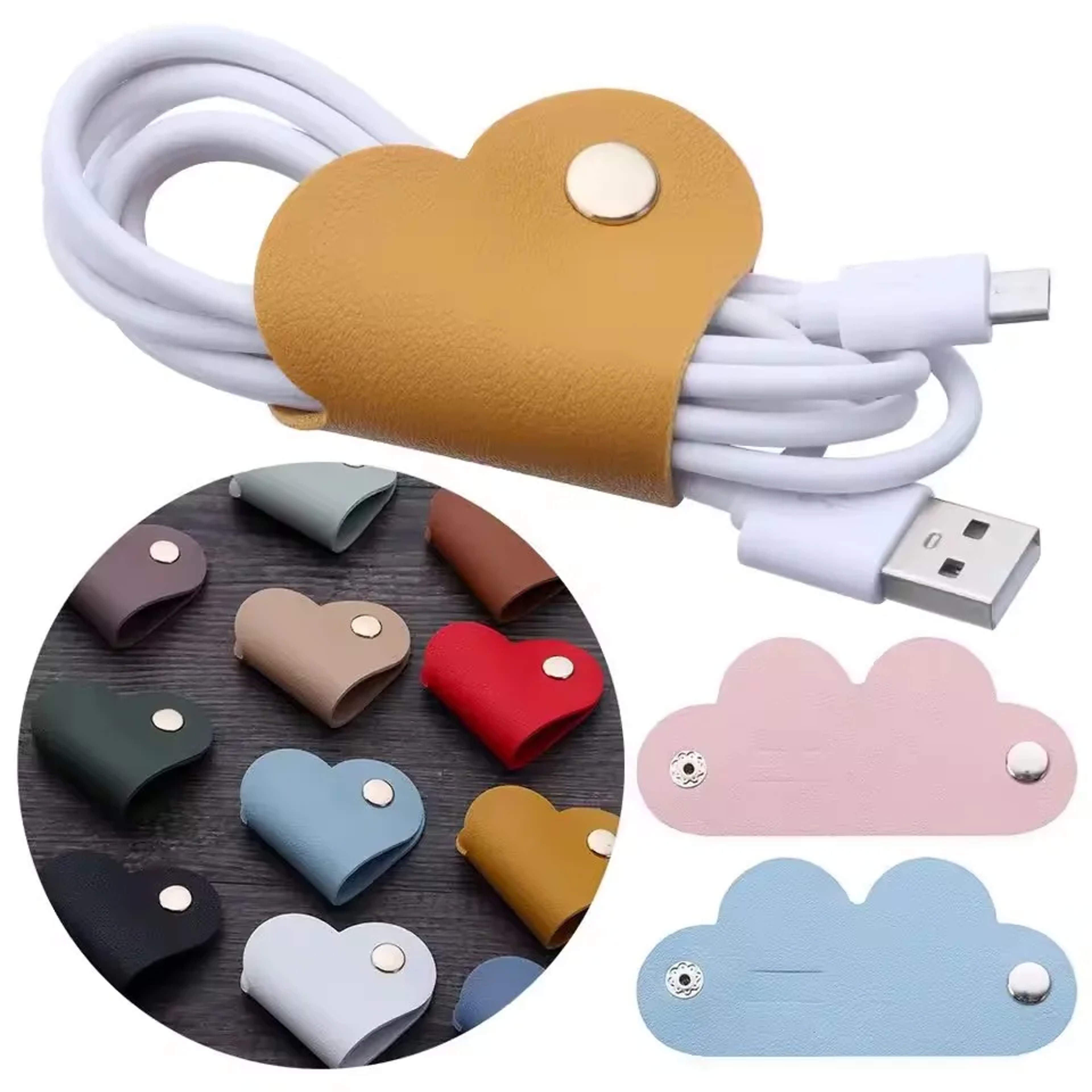 Heart Shaped PU Leather Cable Organizer Cord Holder For Earbuds And Charging Cables 3