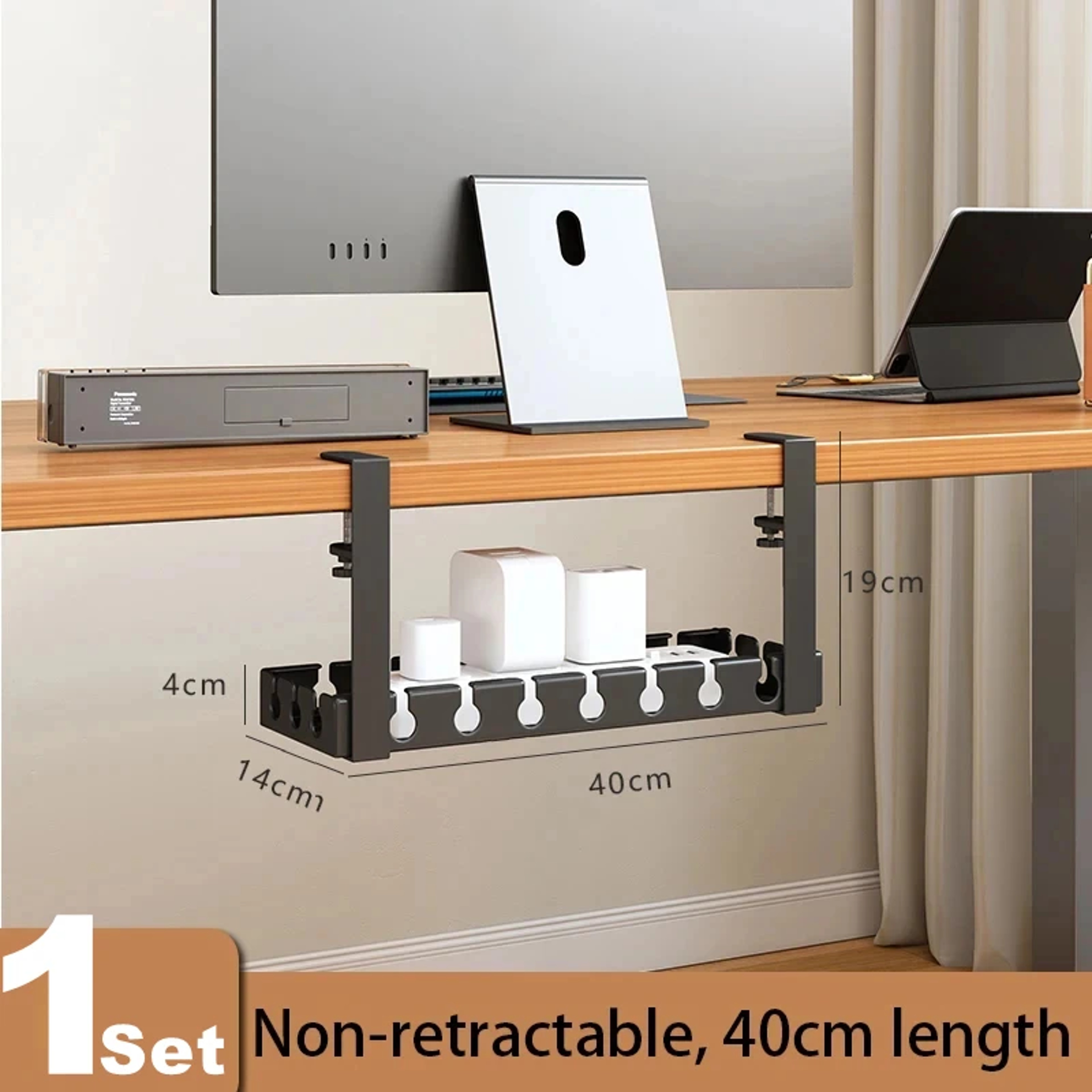 Retractable Under Desk Cable Management Tray No Drill Metal Cord Organizer – view 7