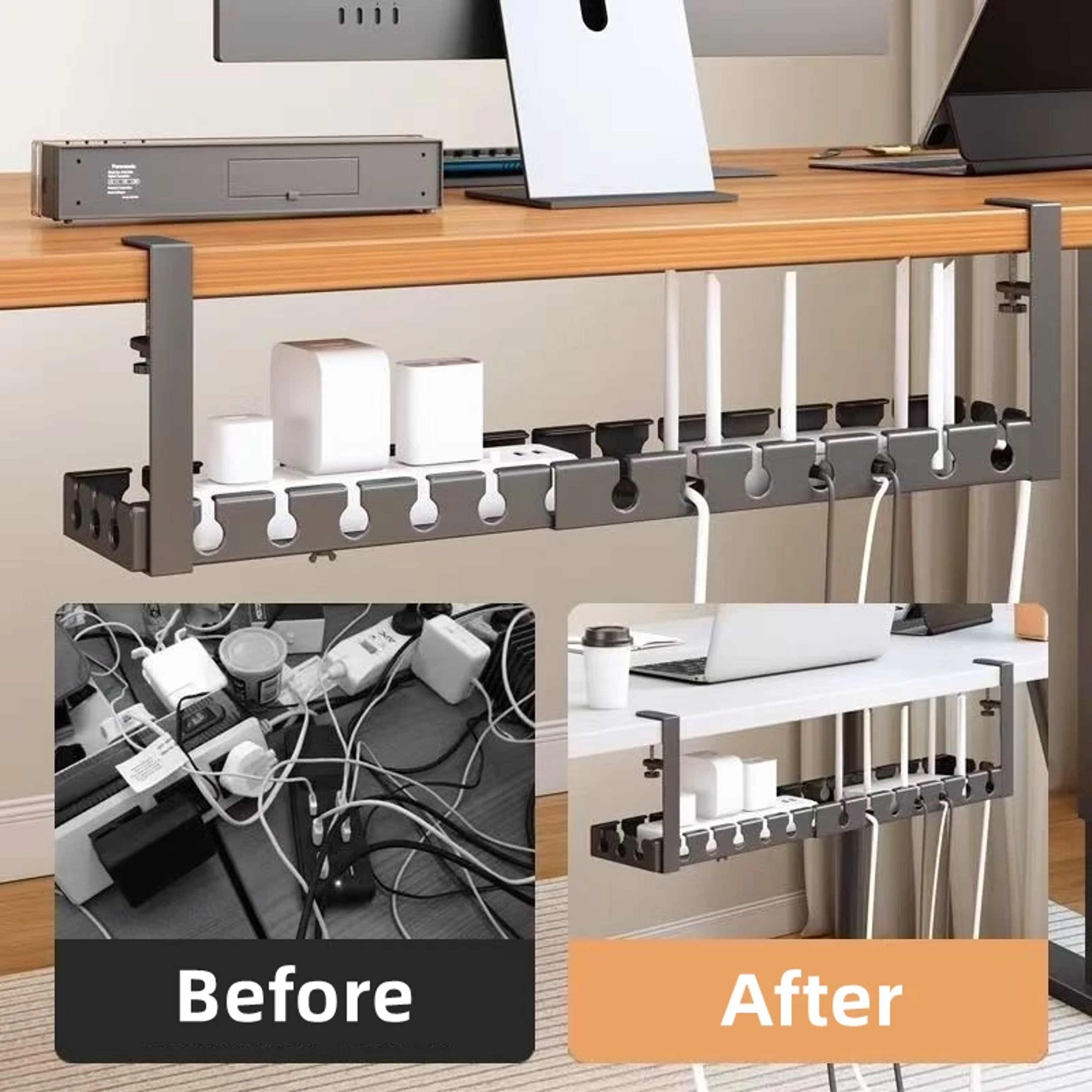 Adjustable Under Desk Cable Management Tray No Drill Metal Cord Organizer 3