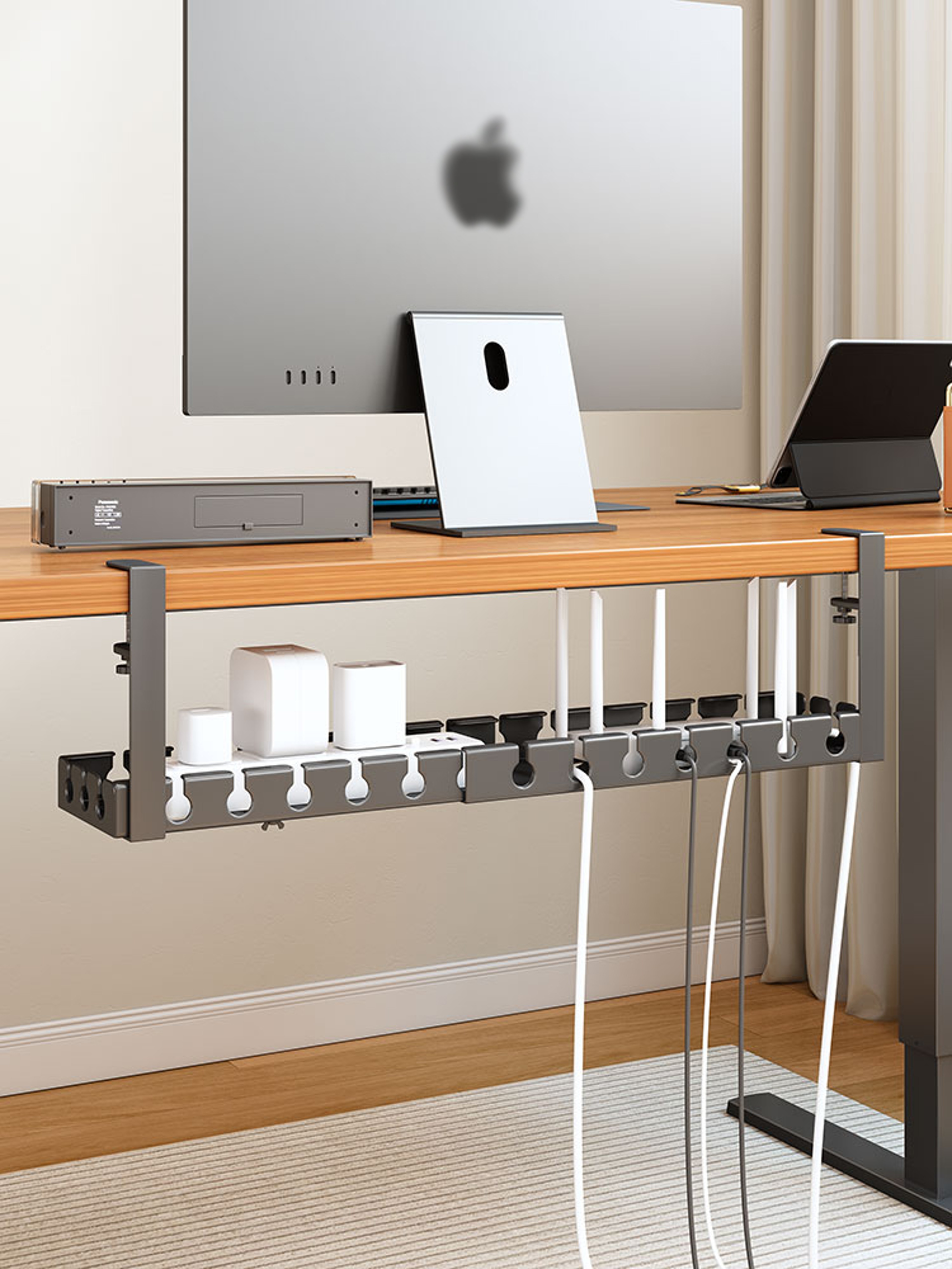 Extendable Under Desk Cable Management Tray Steel Cord Organizer And Power Strip Holder 0