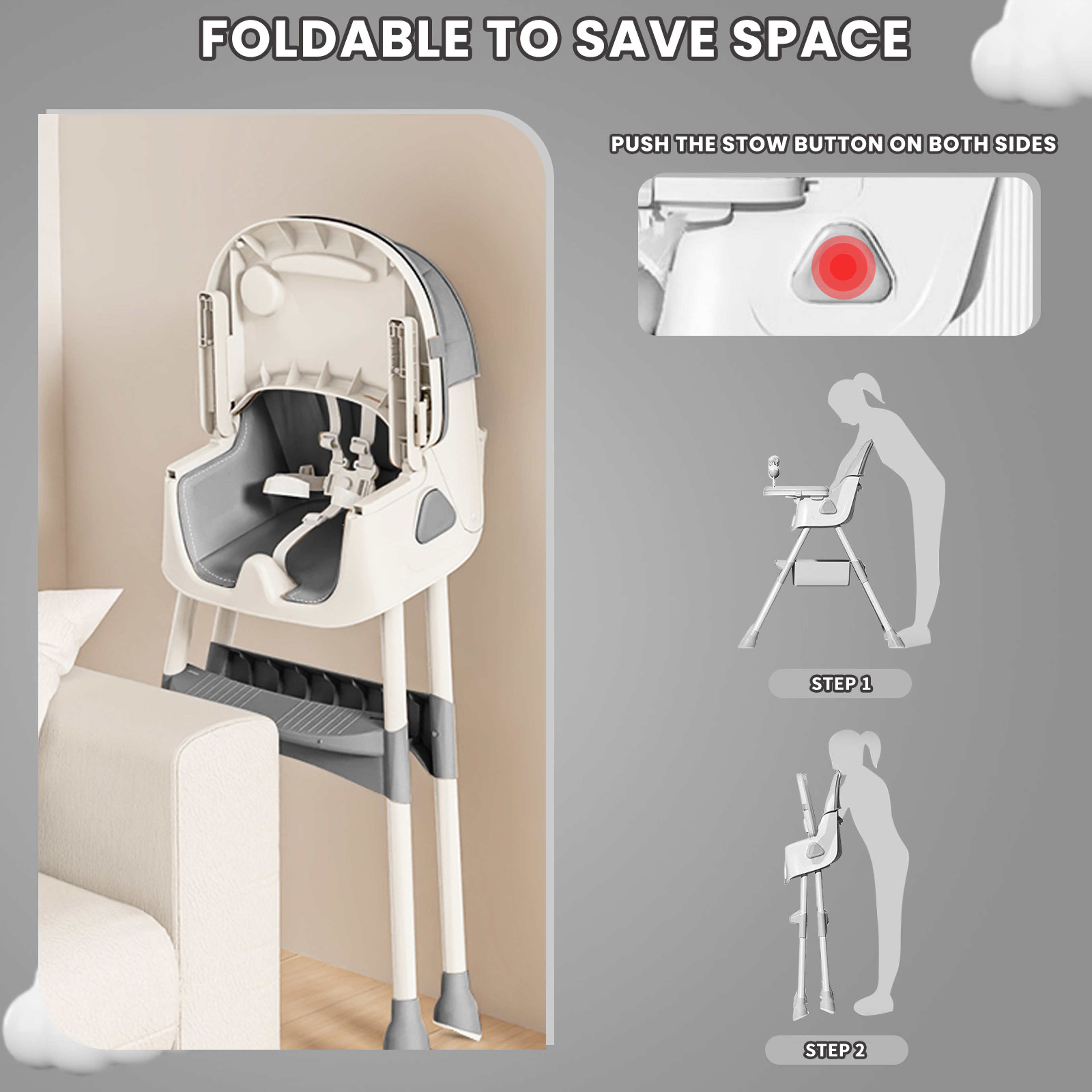 Foldable Baby High Chair with Toy Rack Anti Slip Base and Easy Clean Feeding Tray – view 3