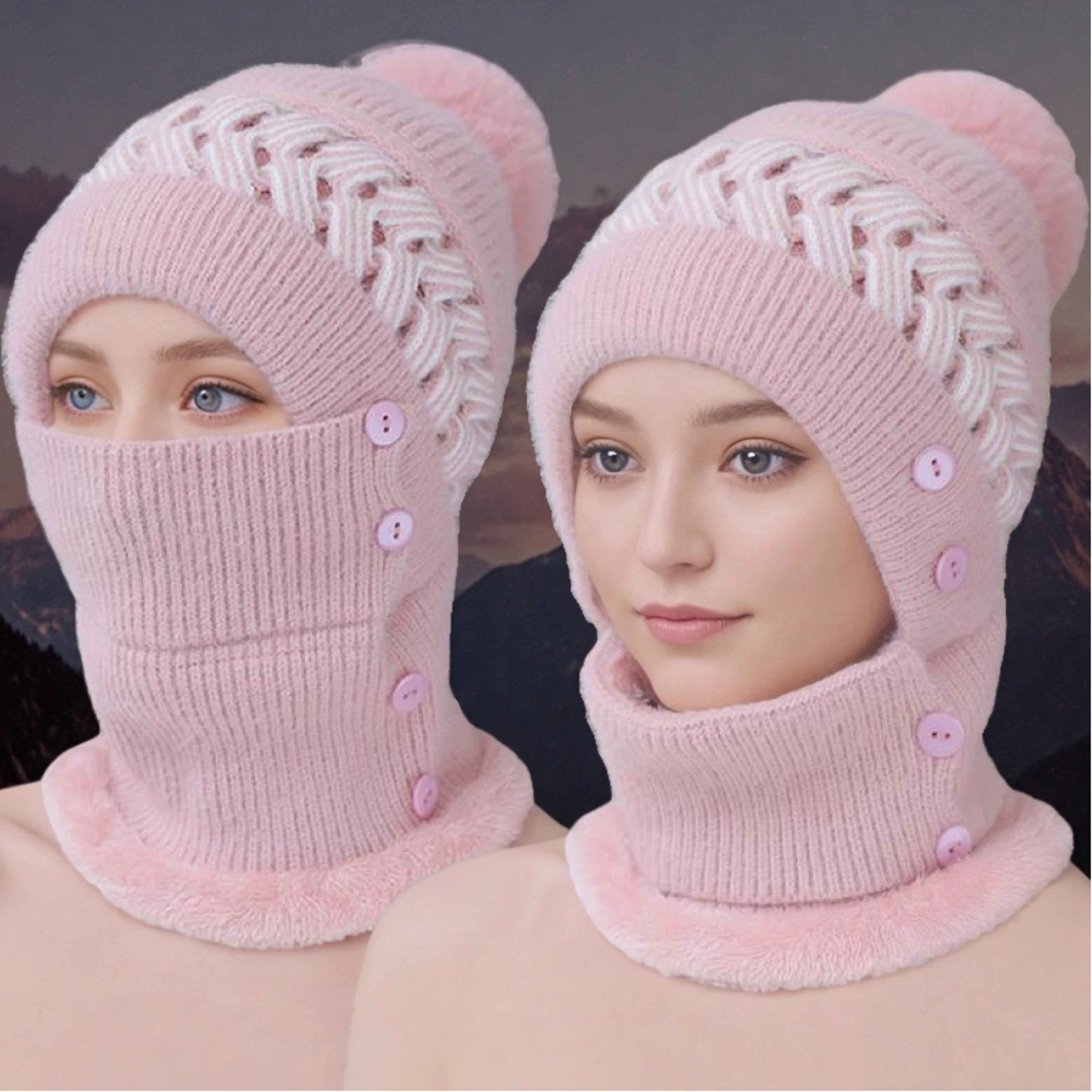 Womens Plush Lined Winter Balaclava Hat With Pom Pom Face Cover And Neck Warmer 0