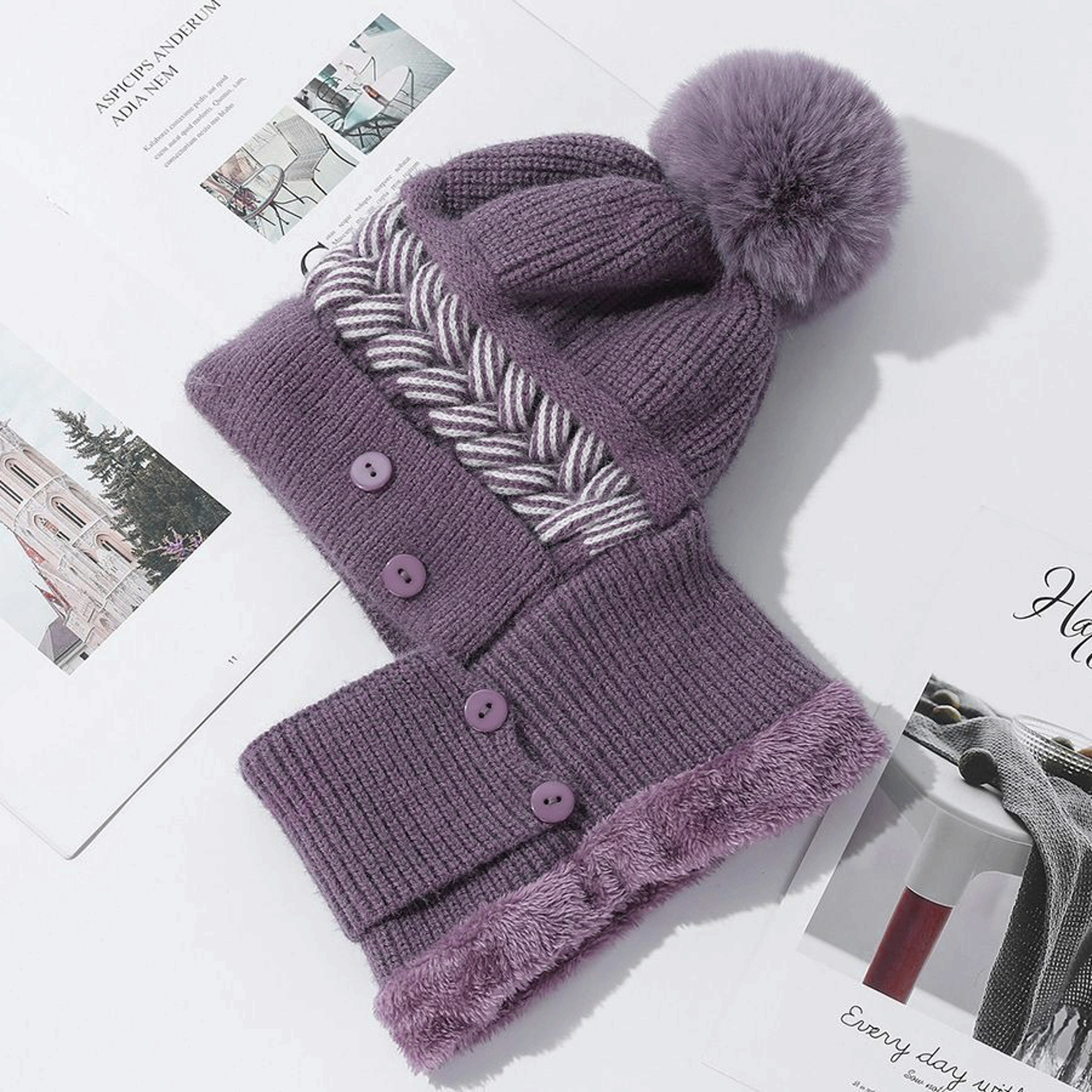Womens Plush Lined Winter Balaclava Hat With Pom Pom Face Cover And Neck Warmer 7