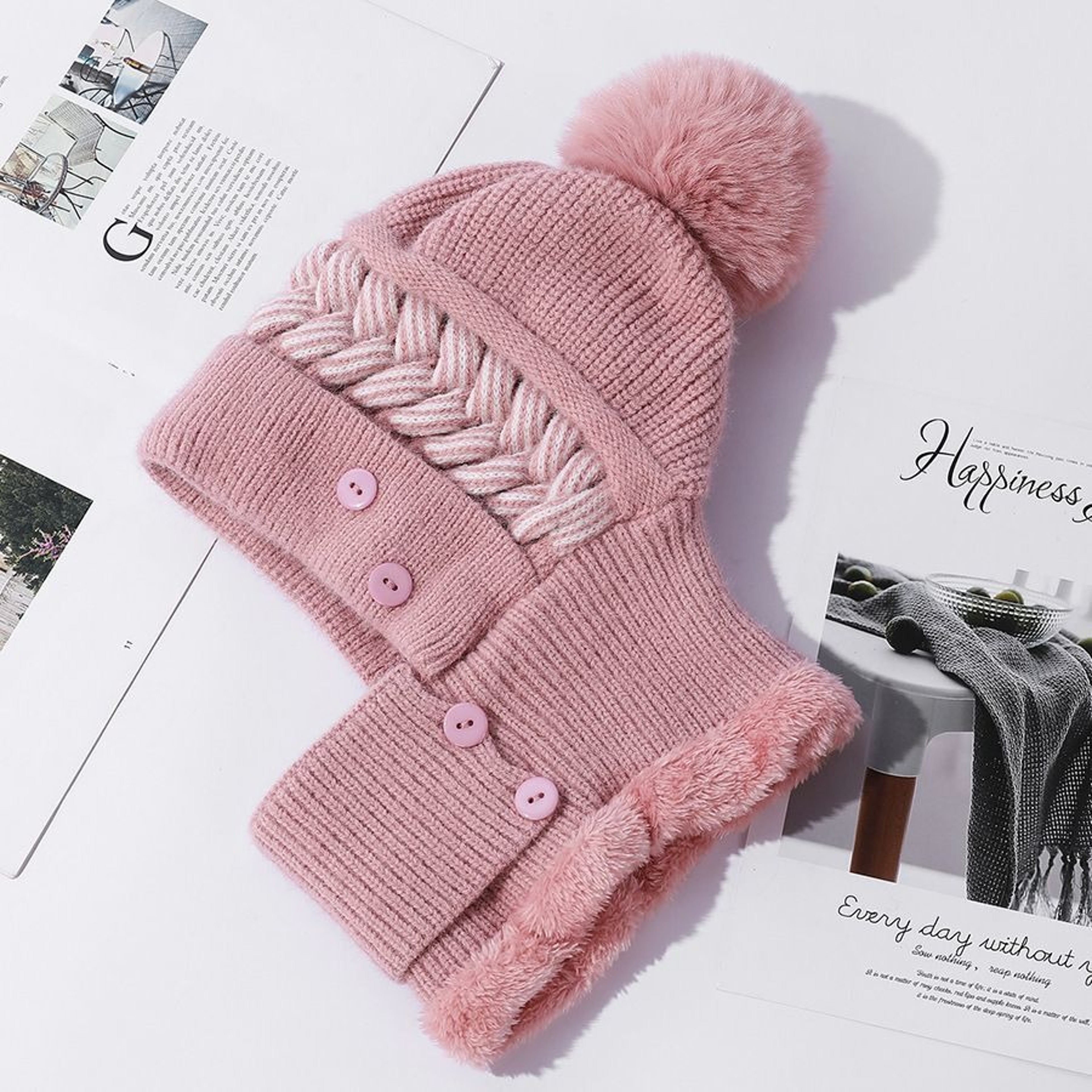 Womens Plush Lined Winter Balaclava Hat With Pom Pom Face Cover And Neck Warmer 9