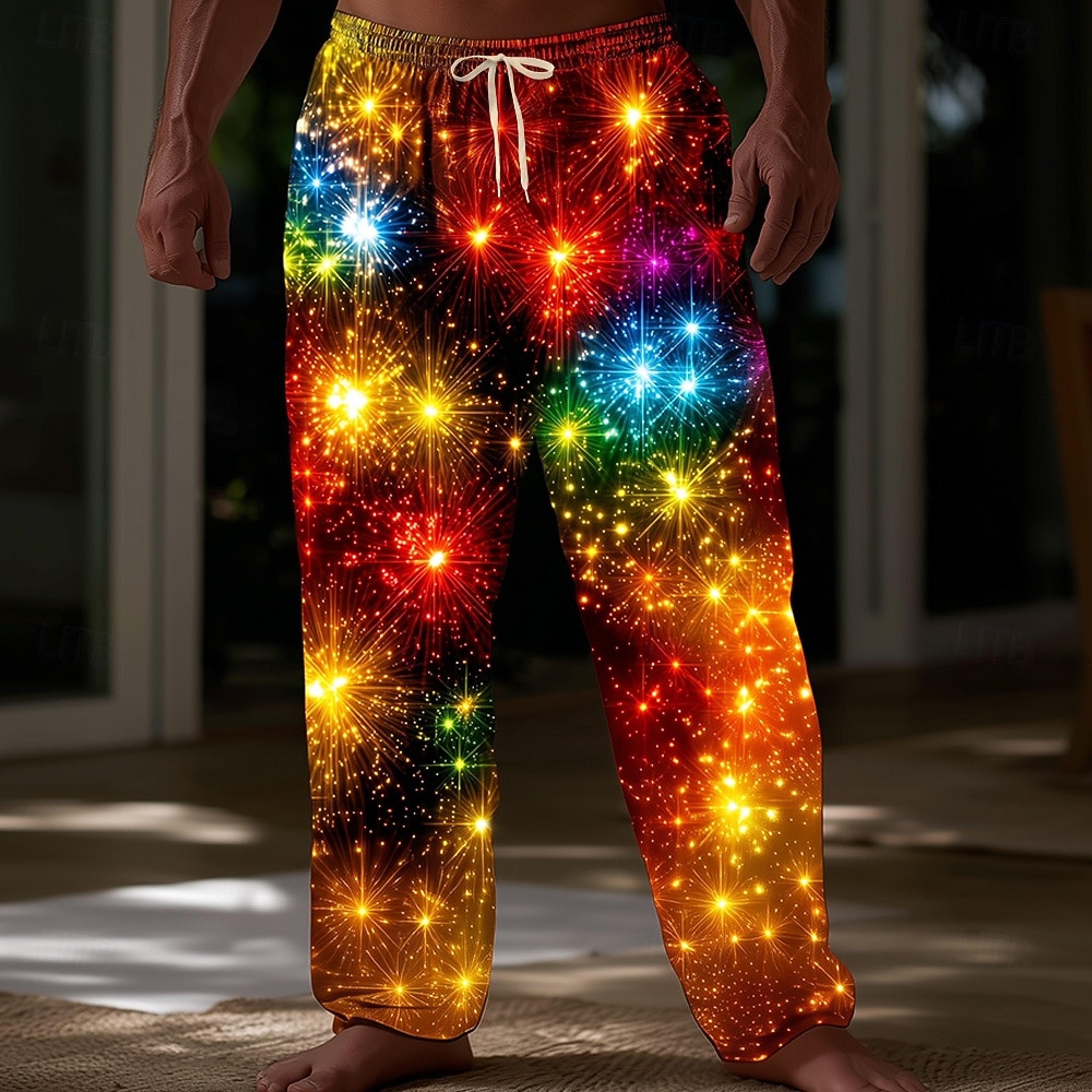 Mens Christmas Light Glitter Pants with Drawstring Waist and Wide Legs – view 11