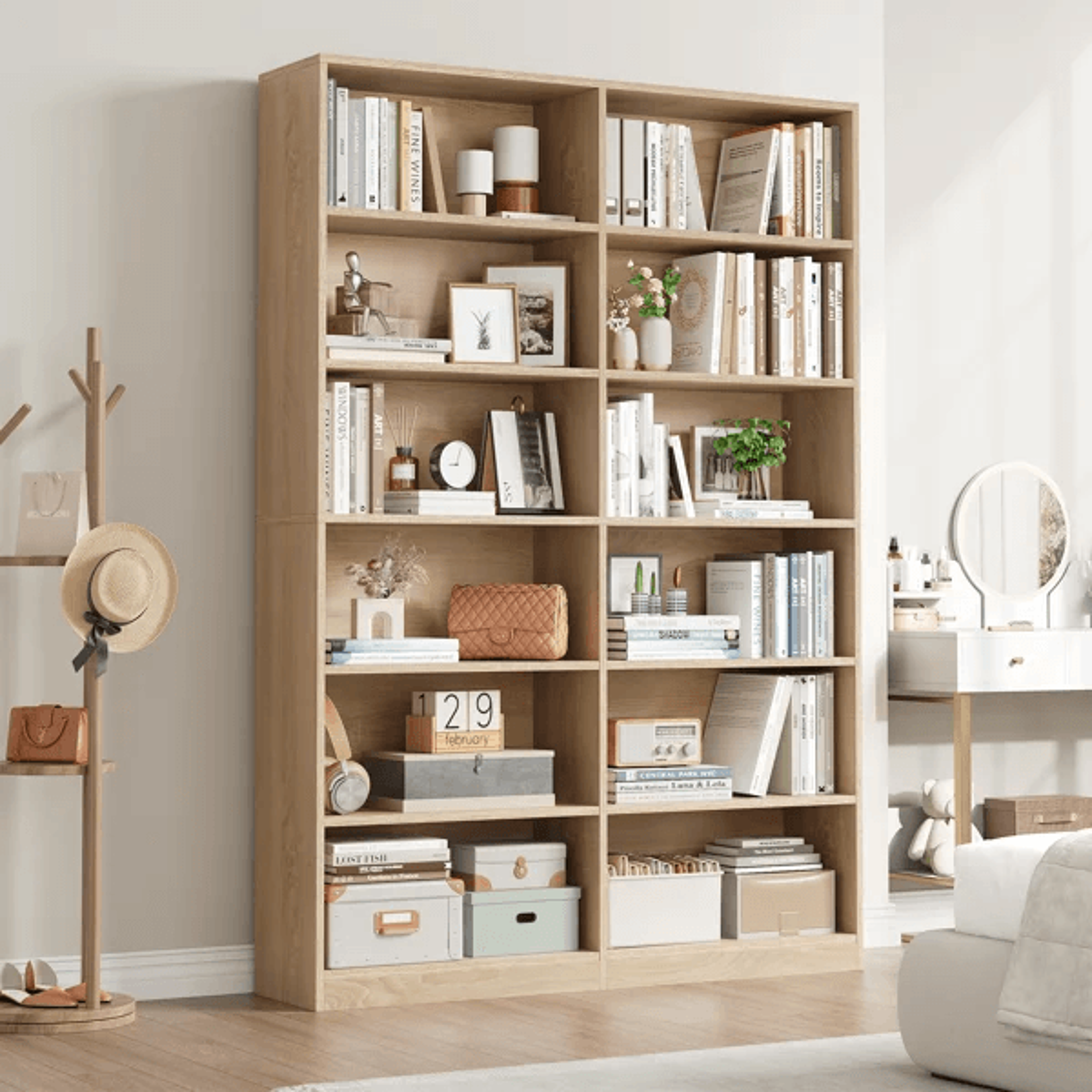 White Double Wide 6 Tier Wood Bookcase With Open Shelves And Scratch Resistant Finish 7