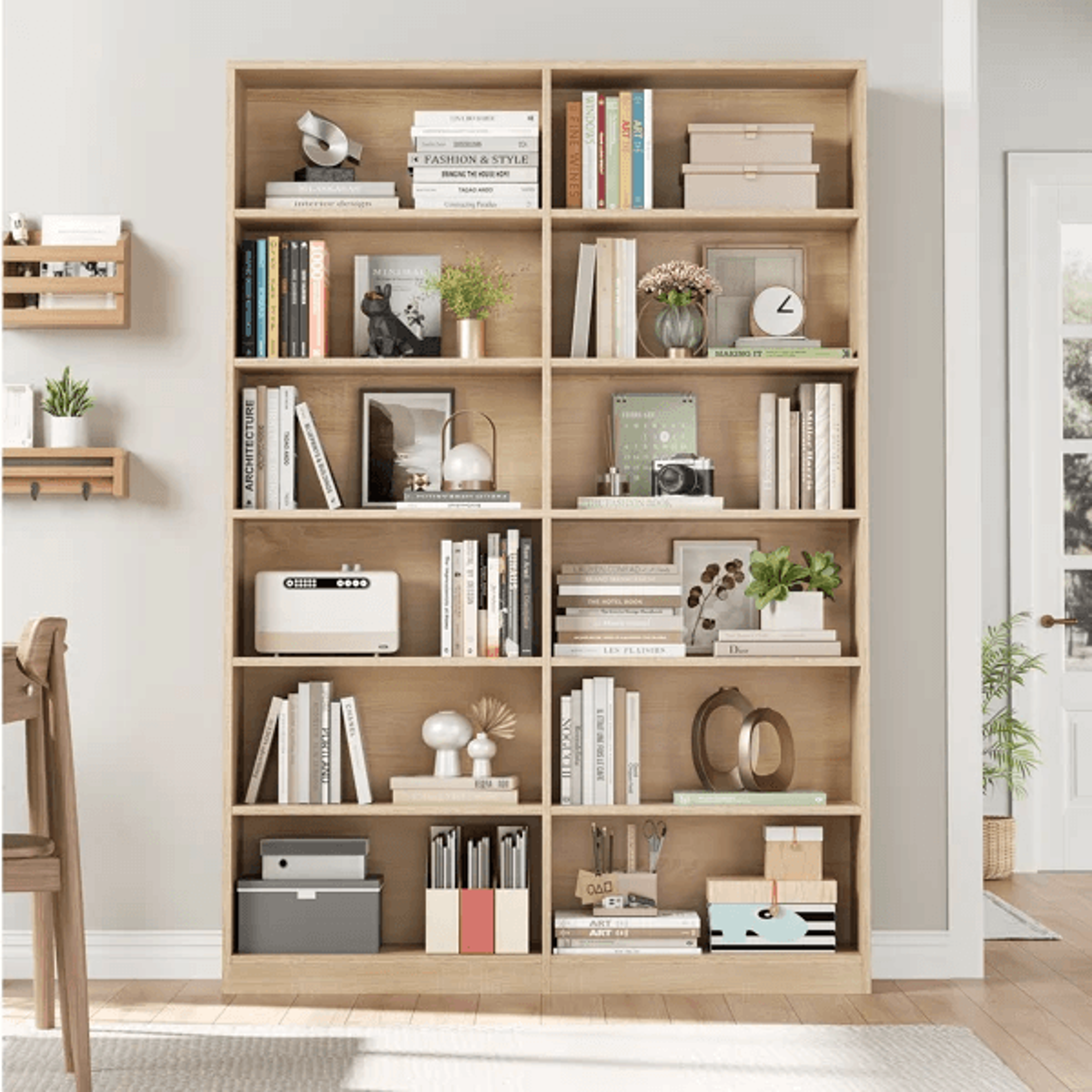 White Double Wide 6 Tier Wood Bookcase With Open Shelves And Scratch Resistant Finish 8
