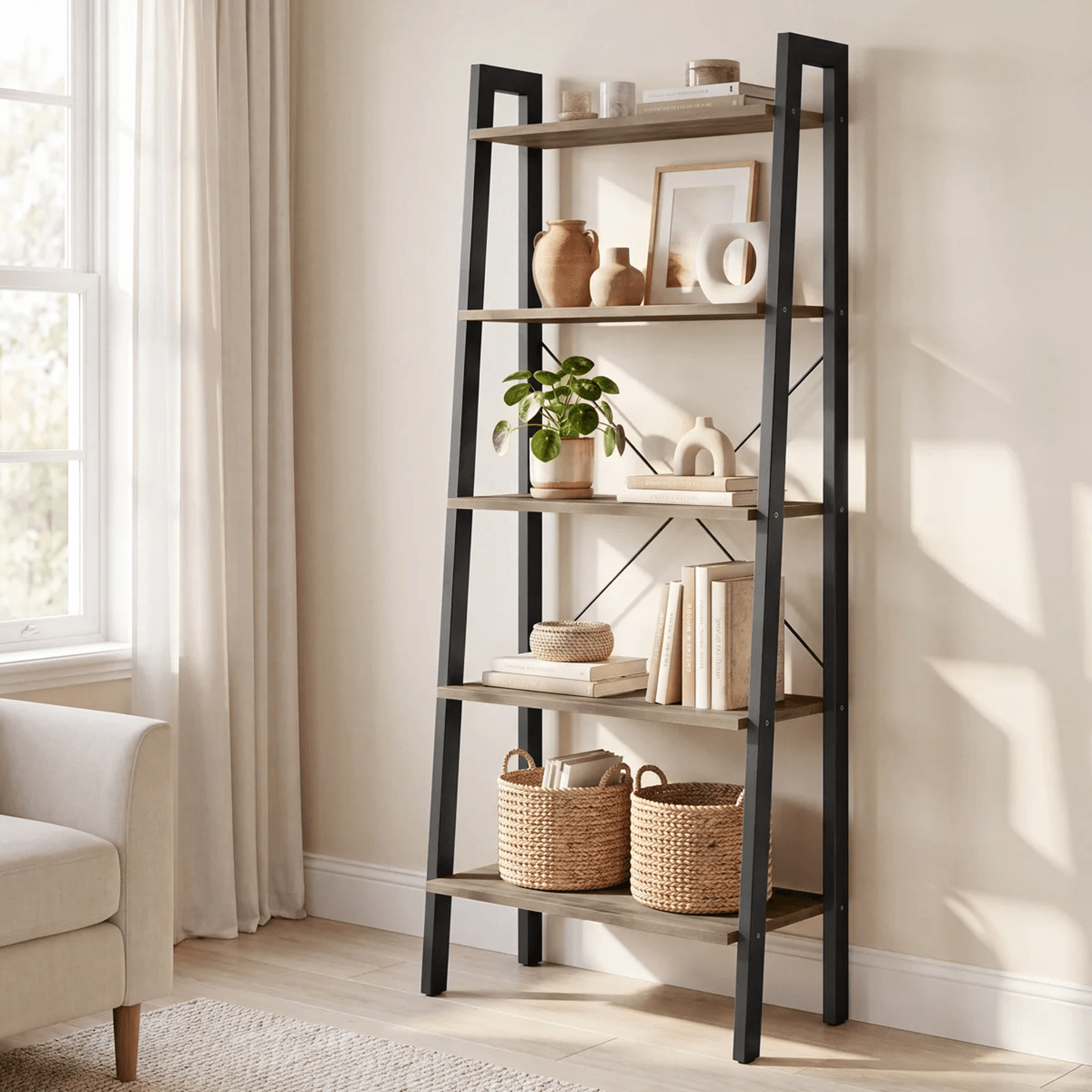 5 Tier Ladder Bookcase With Steel Frame And Wood Shelves Black 6