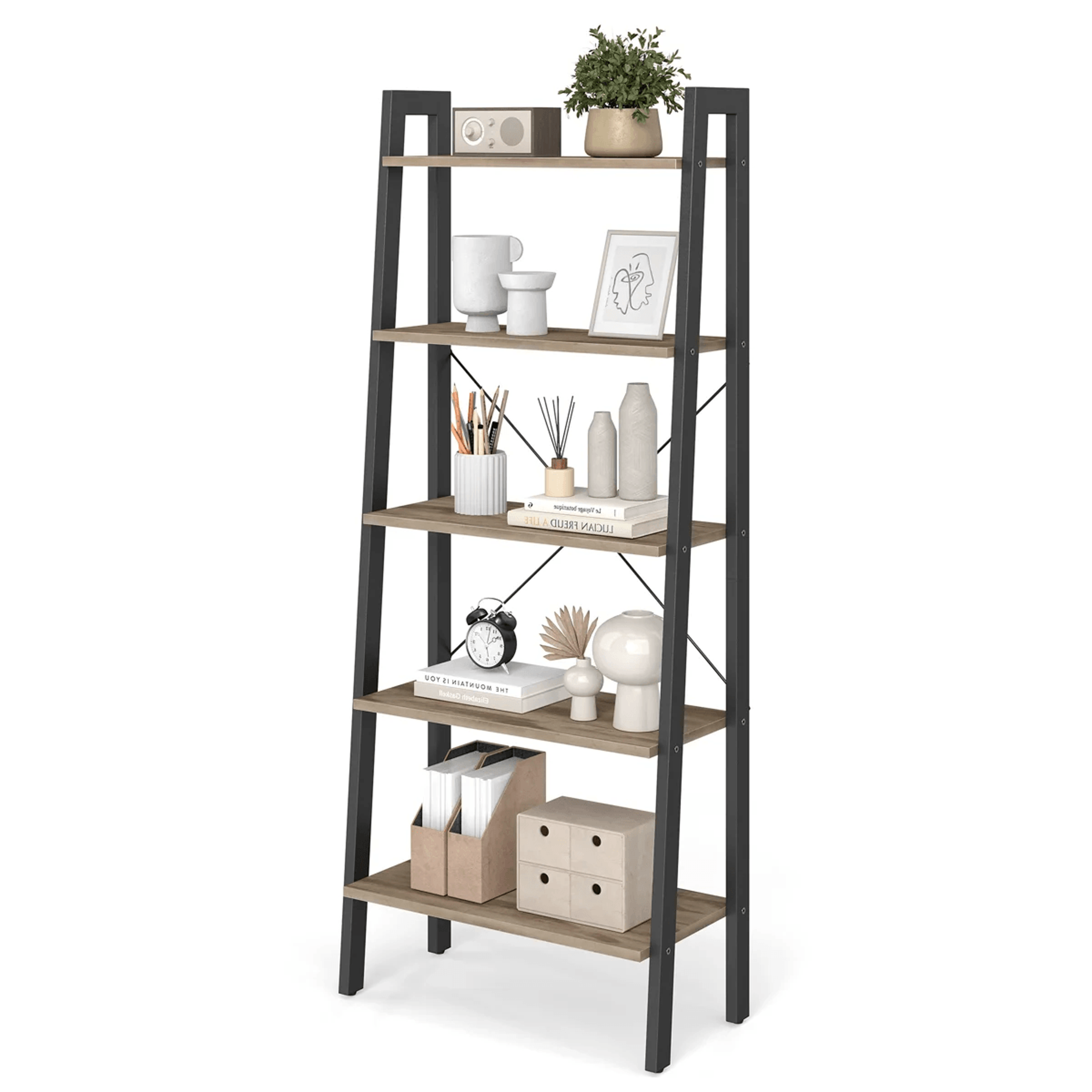 5 Tier Ladder Bookcase With Steel Frame And Wood Shelves Black 0