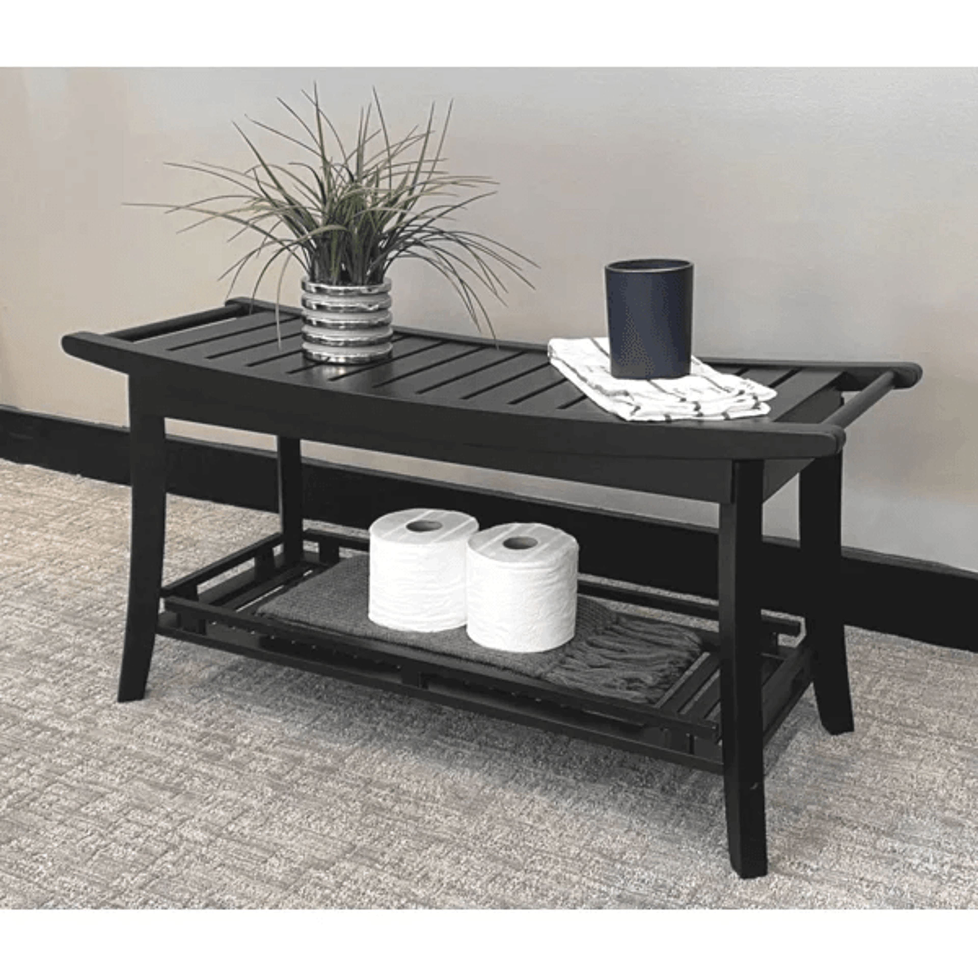 Solid Bamboo Spa Style Storage Bench With Slatted Shelf And Contoured Seat 10
