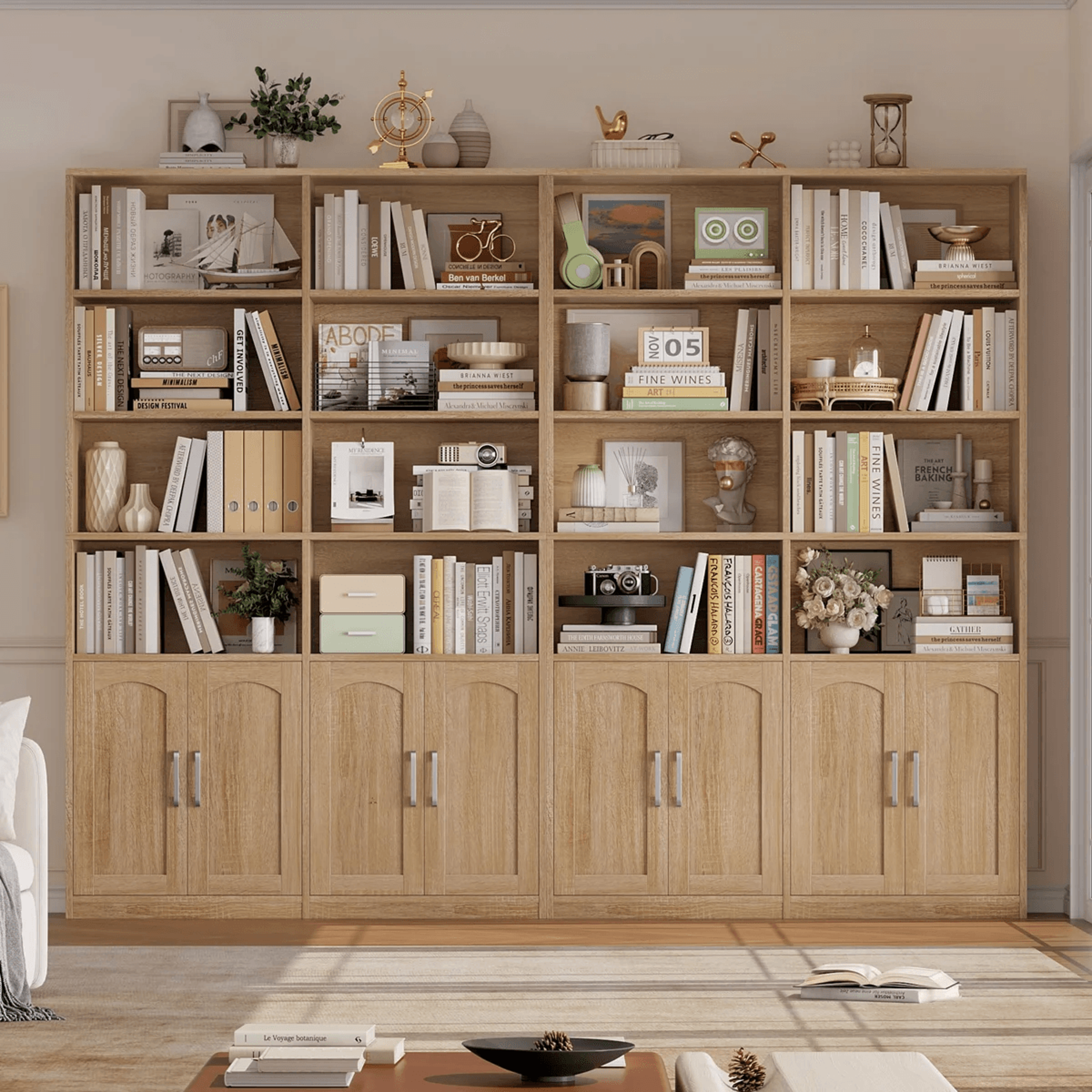 Modern Wood Storage Bookcase With 8 Open Shelves And 4 Doors 11
