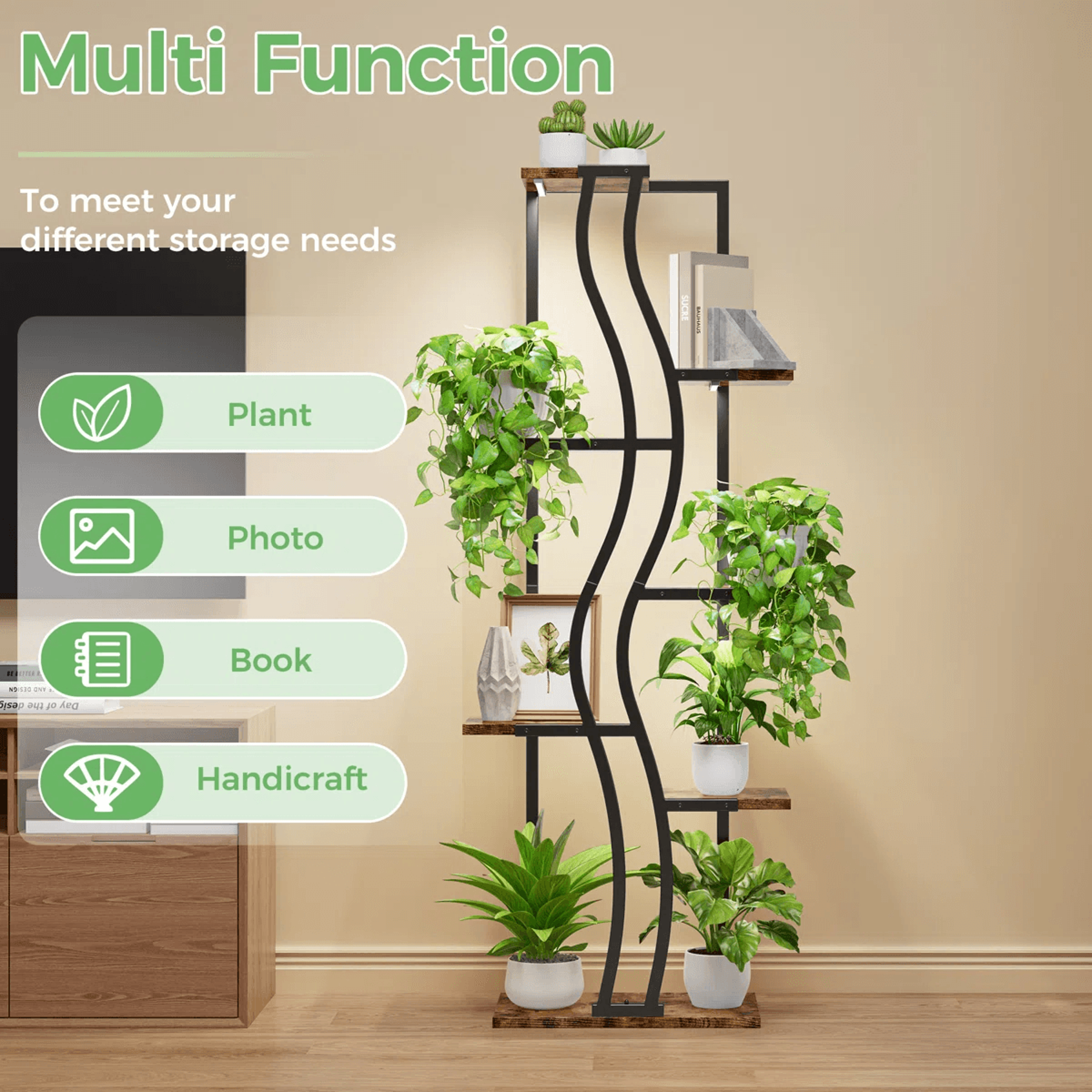 7 Tier Indoor Plant Stand With 4 Grow Lights And Wave Shaped Metal Frame 9