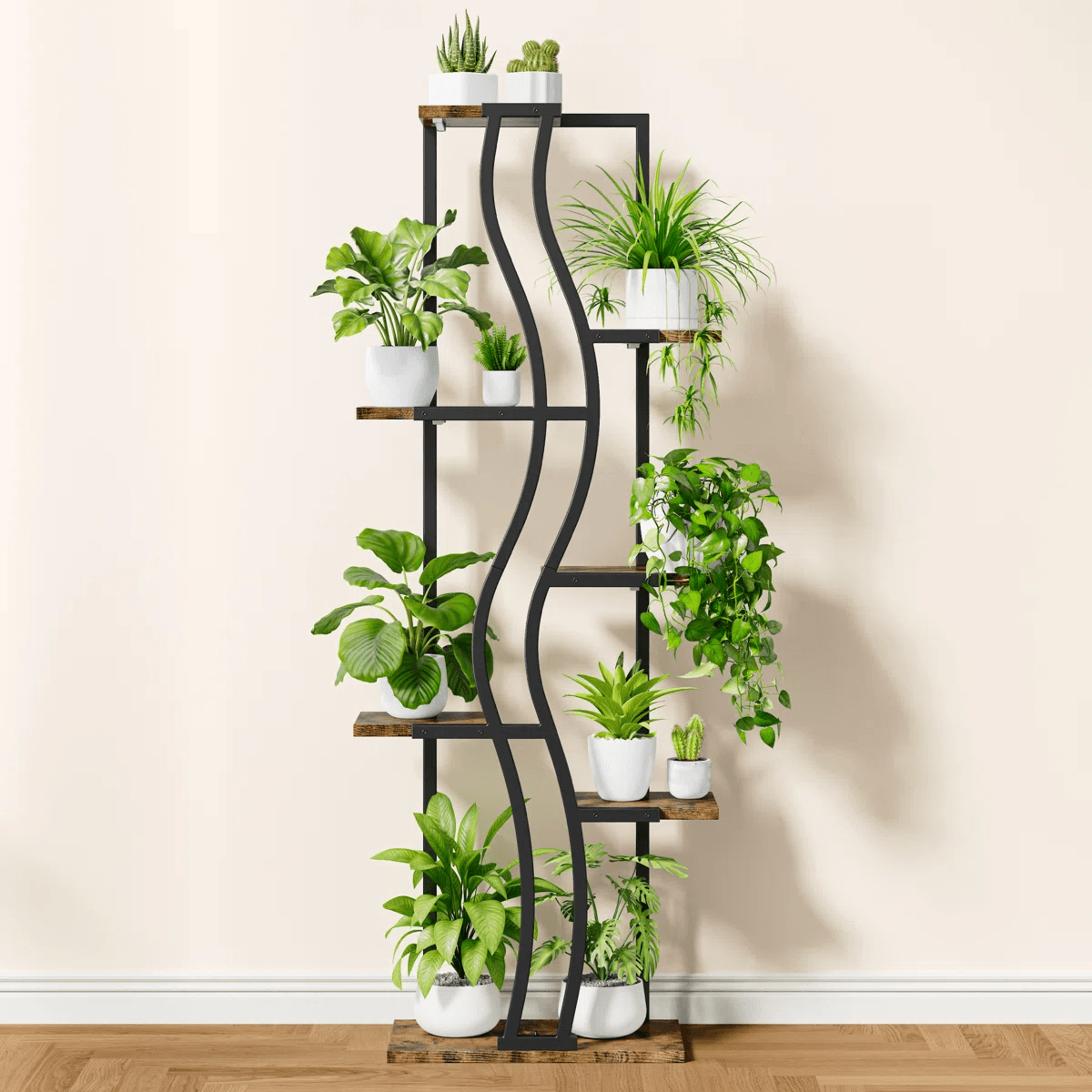 7 Tier Indoor Plant Stand With 4 Grow Lights And Wave Shaped Metal Frame 6