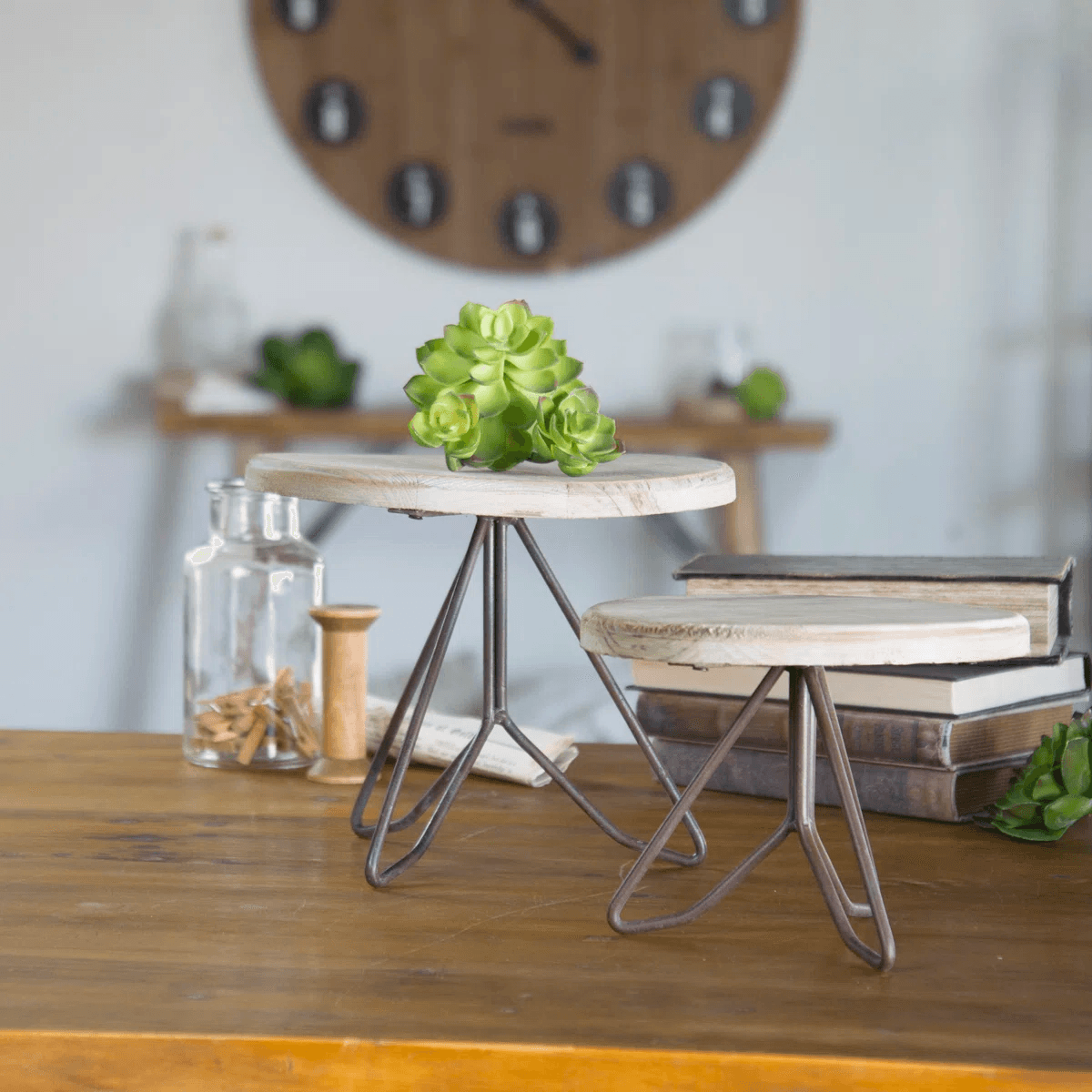 Mid Century Modern Plant Stand Set Of 2 With Solid Wood Tops And Iron Bases 3