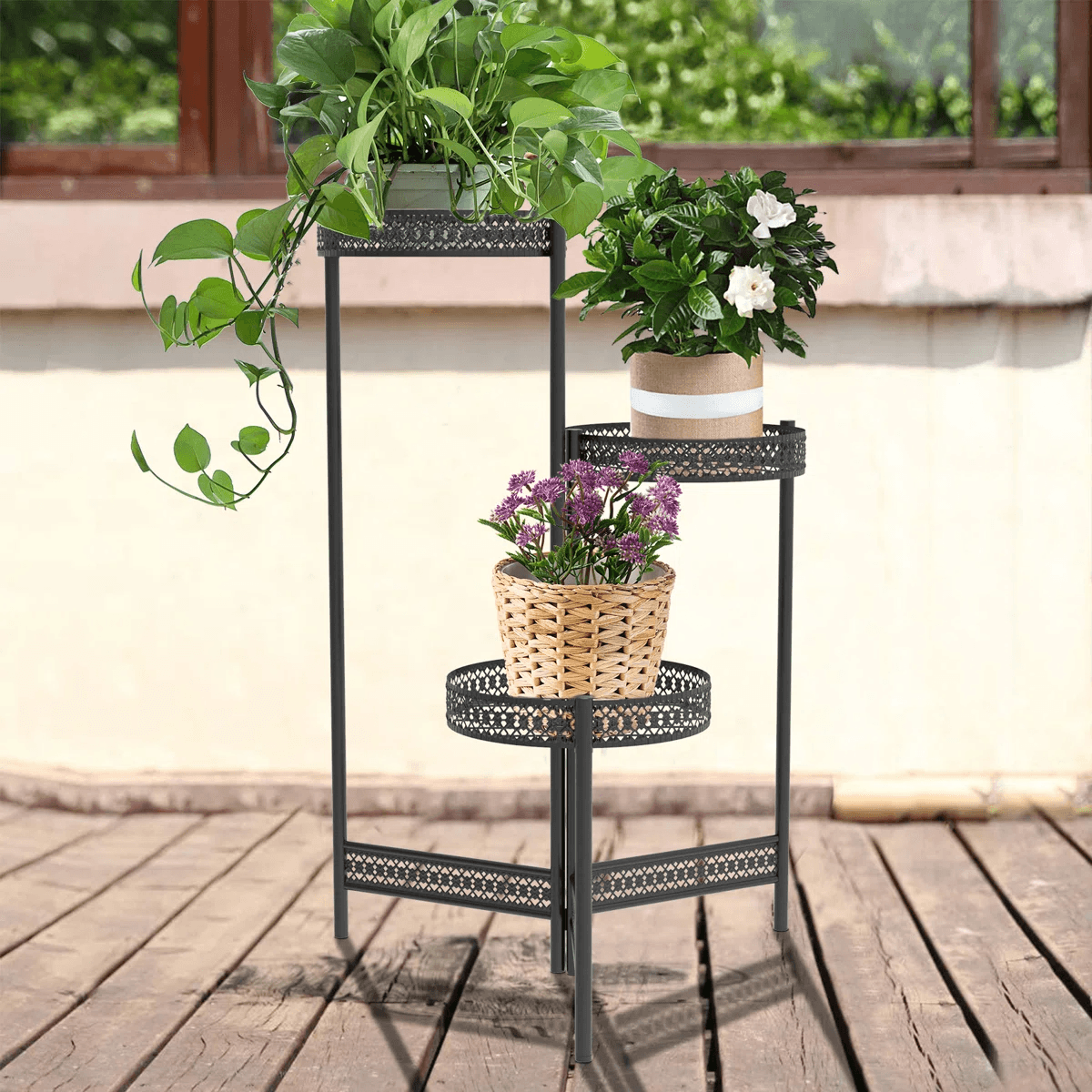 3 Tier Solid Wood Plant Stand With Round Shelves For Indoor And Outdoor Display 5