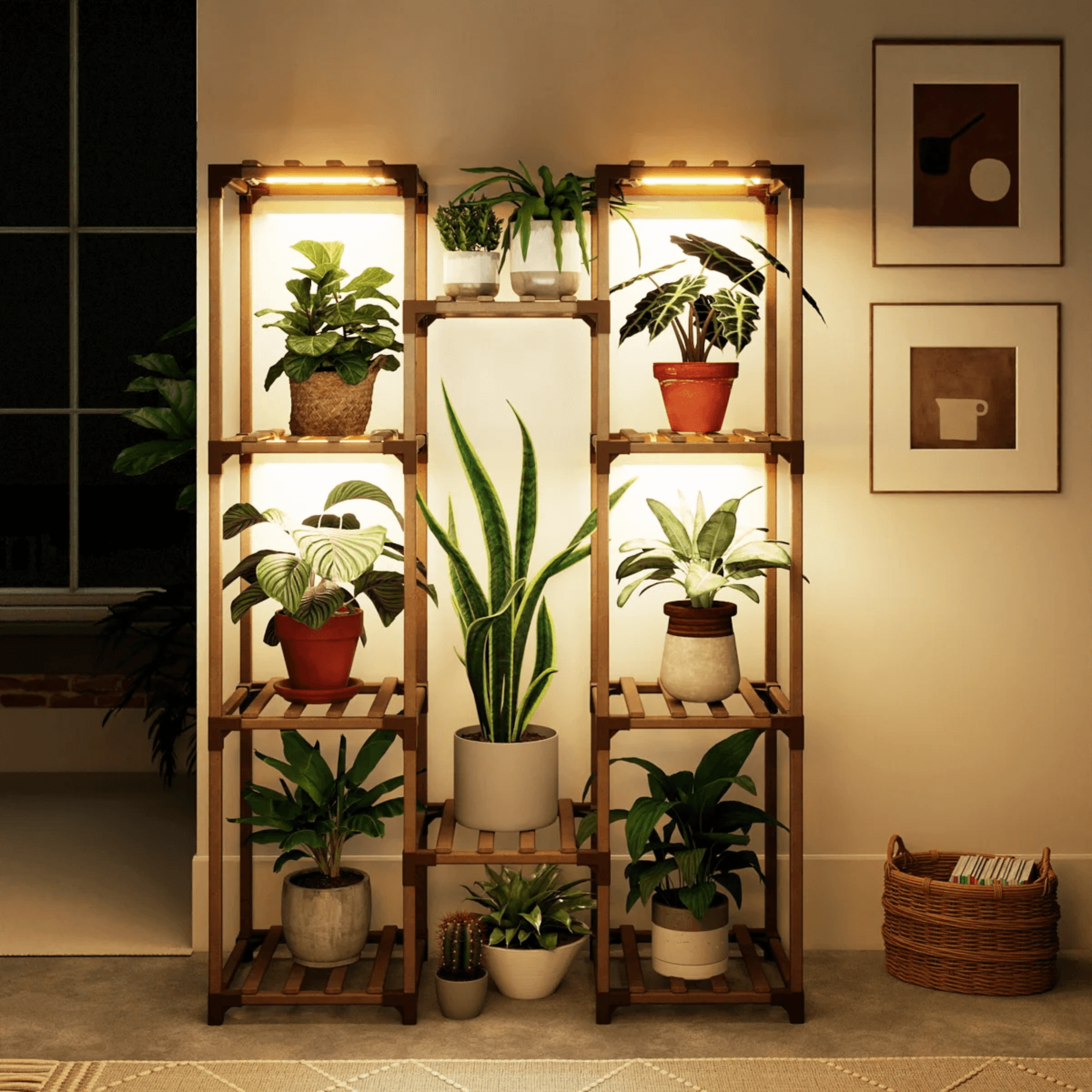 10 Tier Eucalyptus Wood Plant Stand With Grow Light For Indoor And Outdoor Use 5